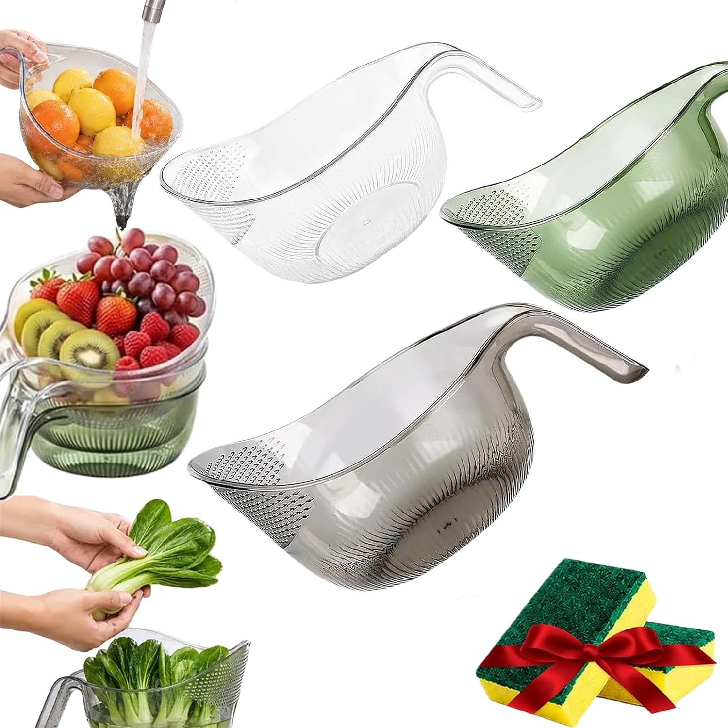 Rice Rinsing Bowl with Strainer, Multipurpose Rice Washing Bowl Strainer with Handle, Aesthetic Multifunctional Rice Strainer for Rice, Lightweight Kitchen Draining Tool (3PC Mix)
