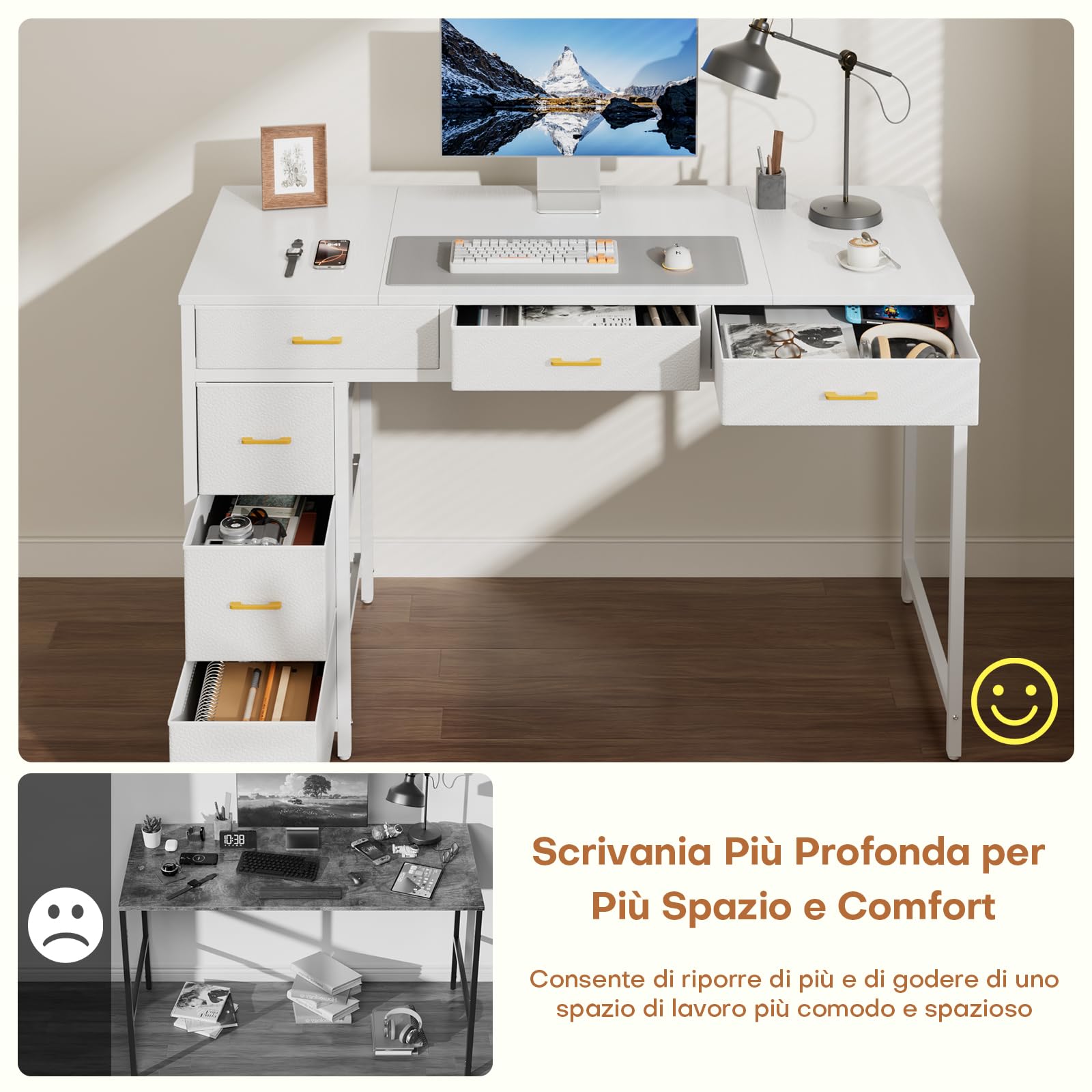 SOLAVERO Scrivania con 6 Cassetti in Tessuto, 120 x 50 cm Scrivania Salvaspazio Reversibile, Tavolo Computer per Casa Ufficio, Camera da Letto, Soggiorno, Bianco