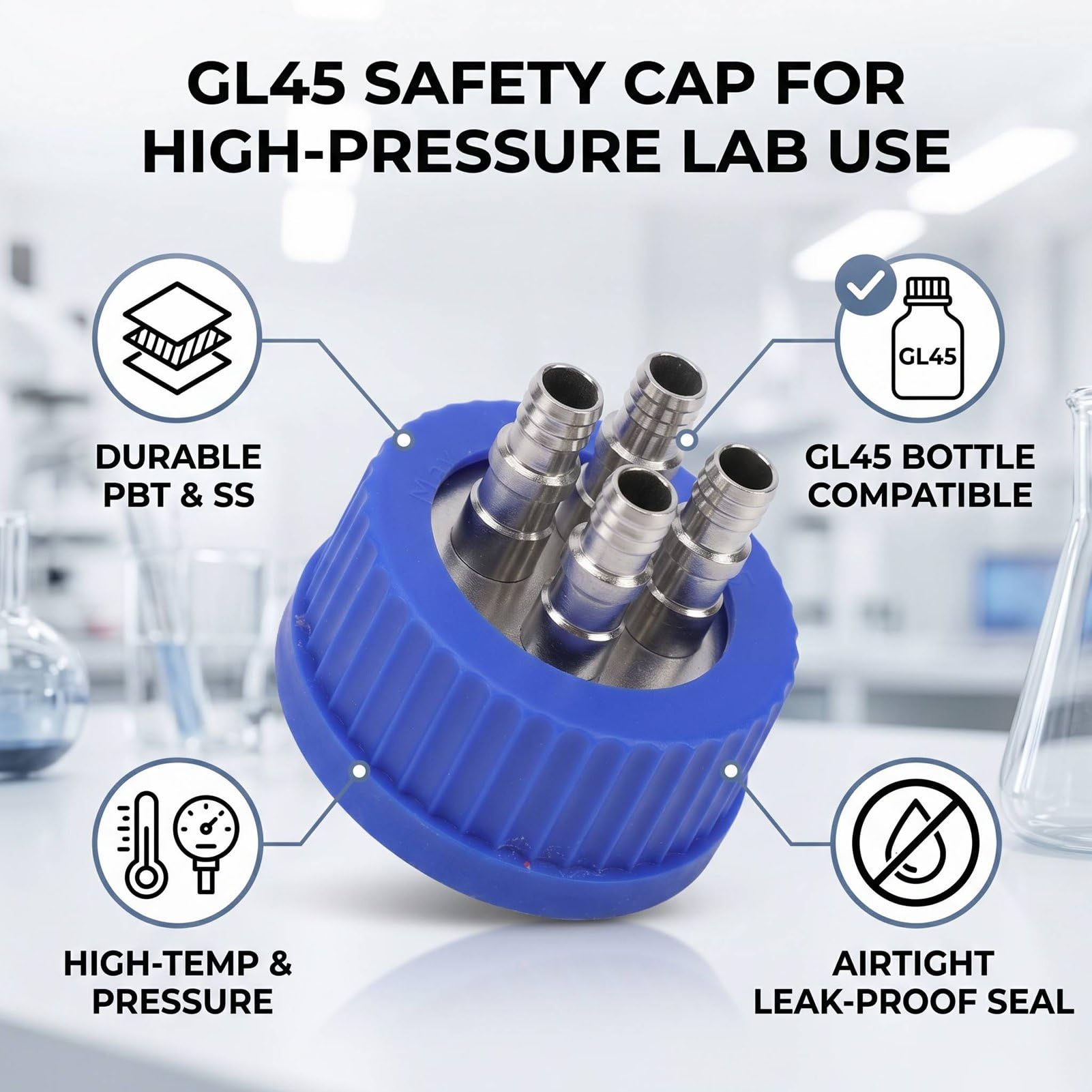 Fafeicy Tapa de Botella de Seguridad GL45, Interfaz de Acero Inoxidable 304 de 4 Puertos, Tapa de Llenado de Fase Móvil Líquida, Diámetro de 8-10 Mm, Tamaño Grande para Botella de