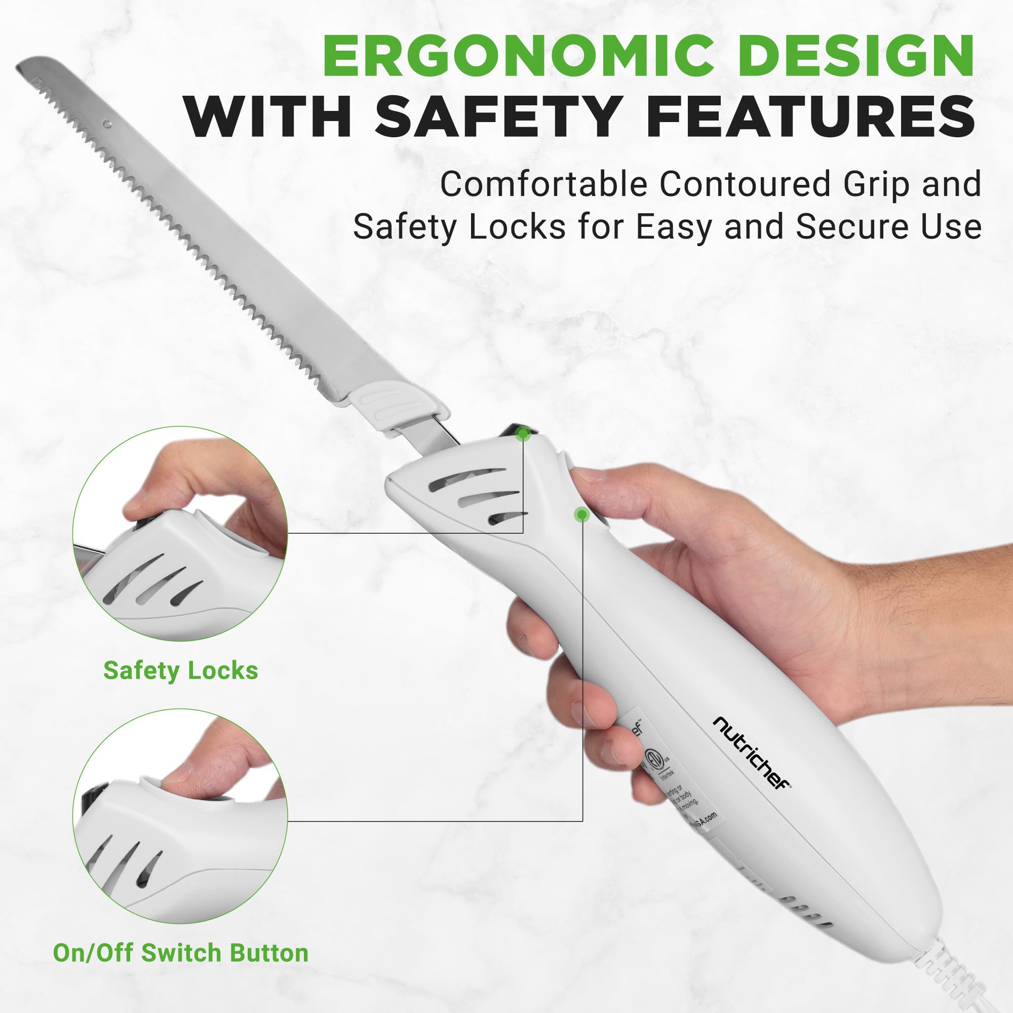 NutriChef Electric Carving Turkey Slicer Kitchen Knife | For Thanksgiving | Portable Electrical Food Cutter Knife Set with Carve Blades & Wood Stand | Cuts Meat, Bread, Cheese & Fruit | White — Amazon image 6