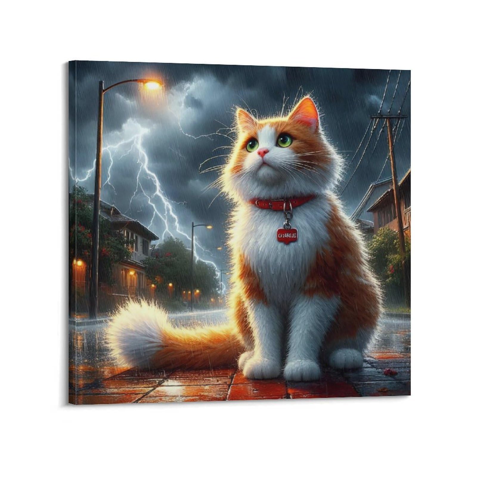 WZKTCL Animal Poster Rainy Night Lightning Cat Shadow Poster Decorative Painting Canvas Wall Posters And Art Picture Print Modern Family Bedroom Decor Posters 16x16inch(40x40cm)