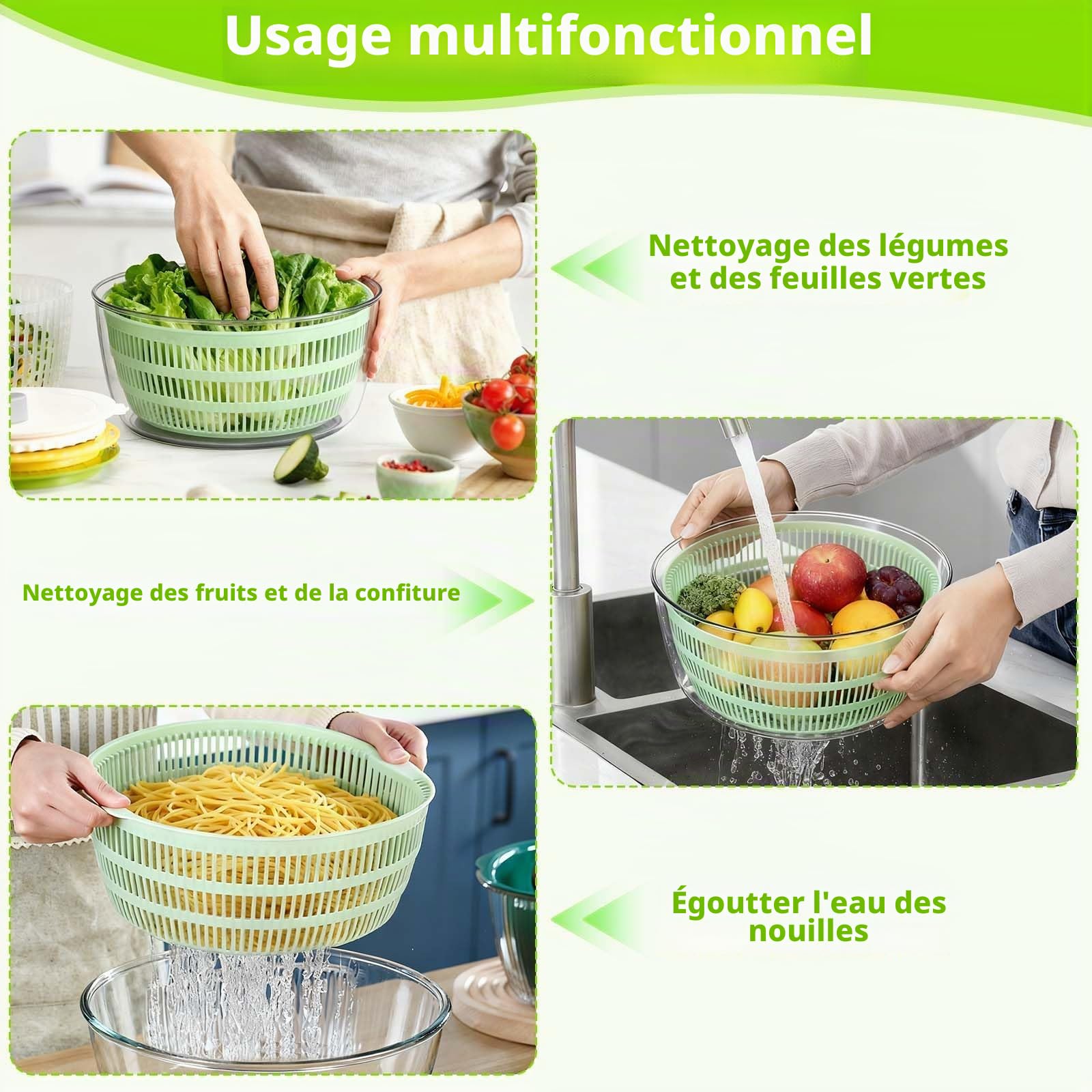 Essoreuse à Salade, 4 litres, ø 25 cm, sans BPA | Essorage de Salade, Plastique de Haute qualité, Essoreuse Salade avec couvercle et bec verseur pour Laver