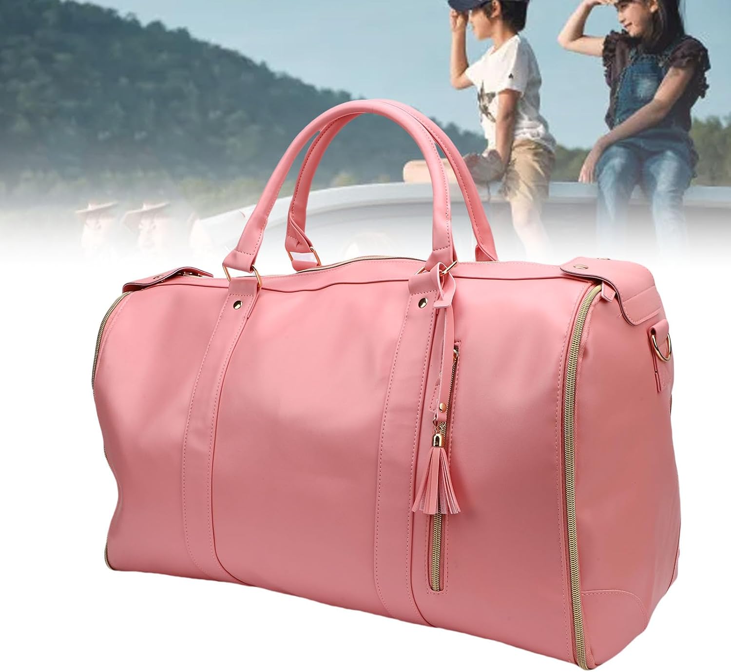 Rolling Garment Bag, 40L PU Leather Rolling Duffle Bag Detachable Telescopic Trolley Spacious Main Compartment Front Zip Pocket, Travel with Wheels for Men Women (Pink)