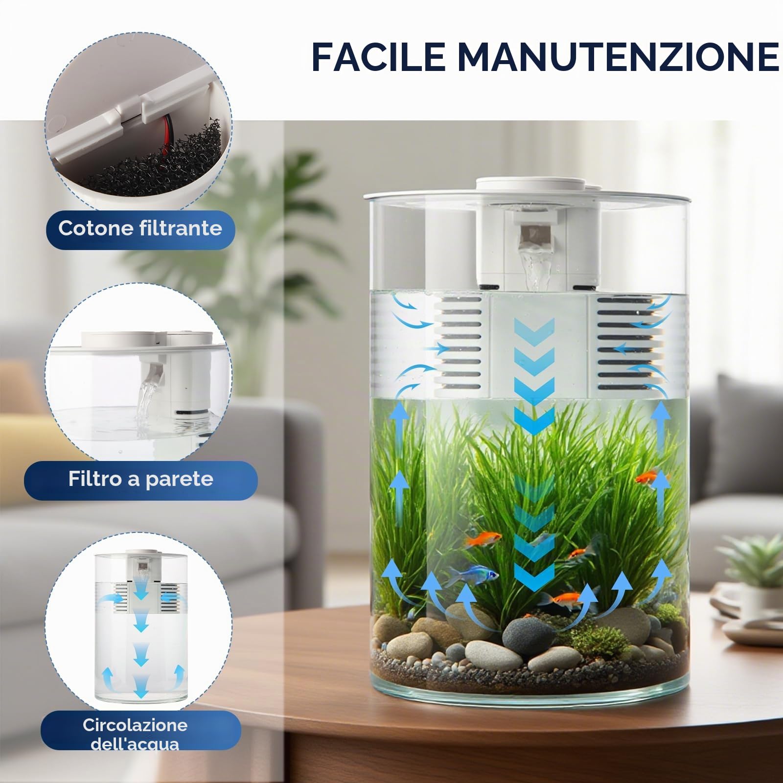 Acquario per pesci, kit di avviamento per acquario da 3 galloni con filtro e illuminazione a LED (17 colori a scelta), acquario con vista a 360 gradi per piccoli pesci, acquario da tavolo
