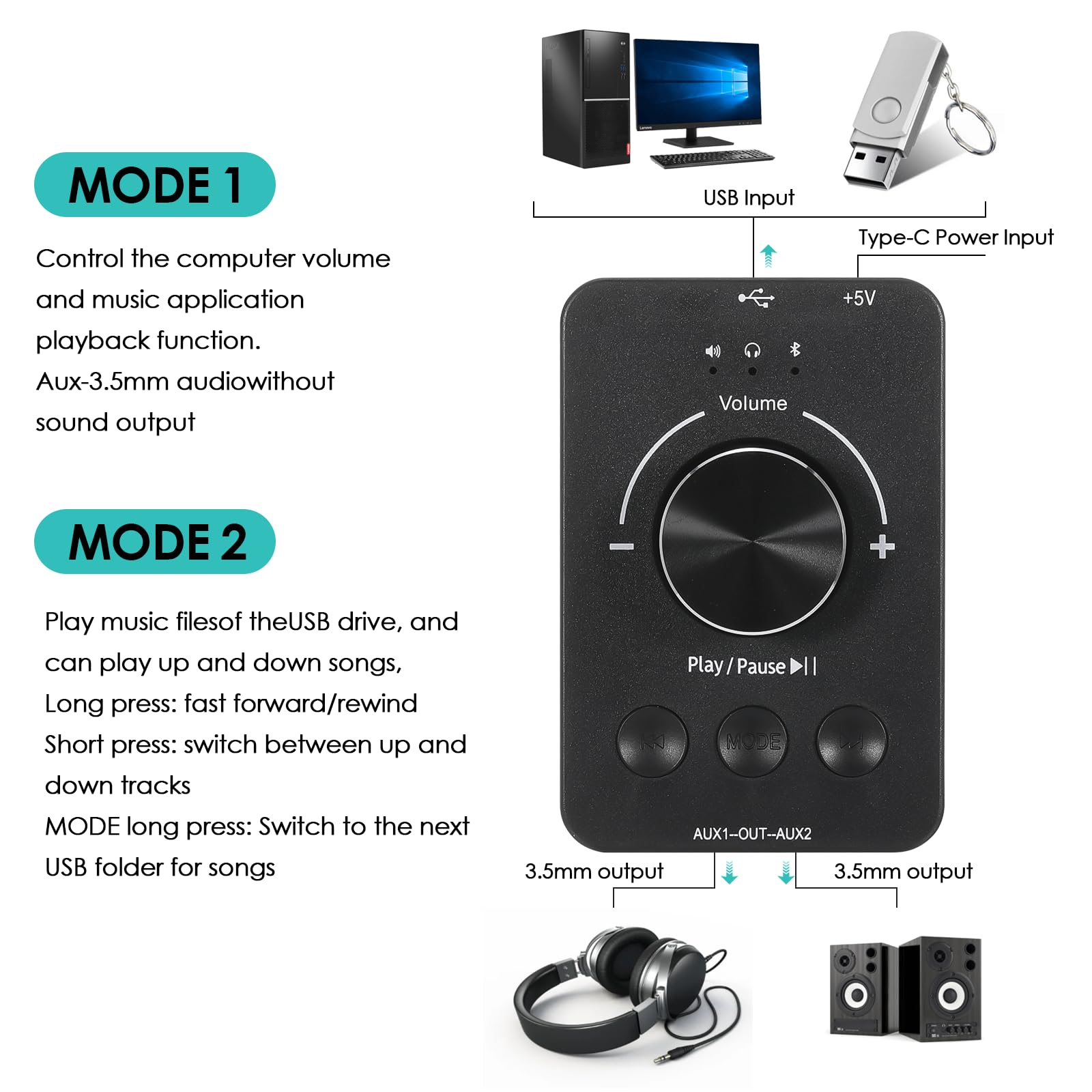 Contrôleur De Volume USB + Transmetteur Bluetooth 5.1 - Double Prise Casque & Lecteur Audio - Compatible PC/Mac
