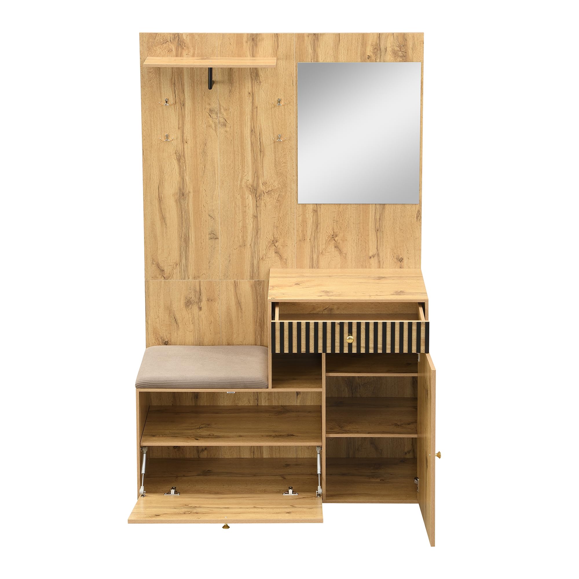 Set de perchero, perchero compacto, perchero de entrada con espejo y cojín acolchado, armario de entrada, mueble de salón, estante, paneles de perchero de entrada y vestíbulo, zapatero, 110 x 185,5 x