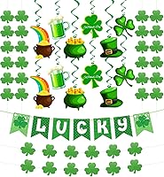 Yunfan 31Pcs St. Patrick's Day Decorations: Pre-Assembled Shamrock Lucky Banner, Clover Garlands & Hanging Swirls for Irish Party Supplies