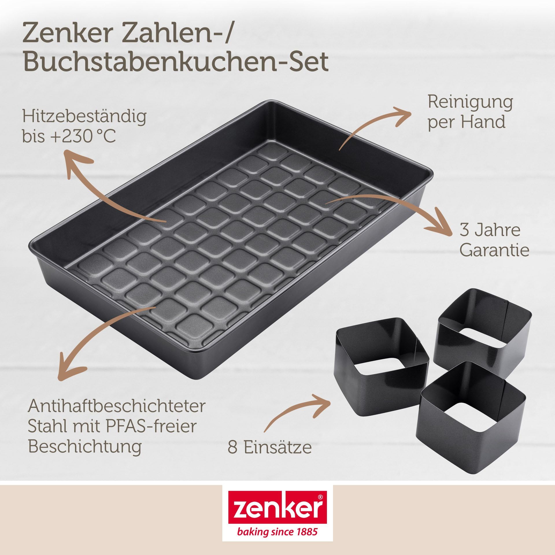 Zenker Lot de 9 moules en forme de chiffres et de lettres pour pâtisseries créatives, revêtement sans PFAS, résistance à la chaleur +230 °C