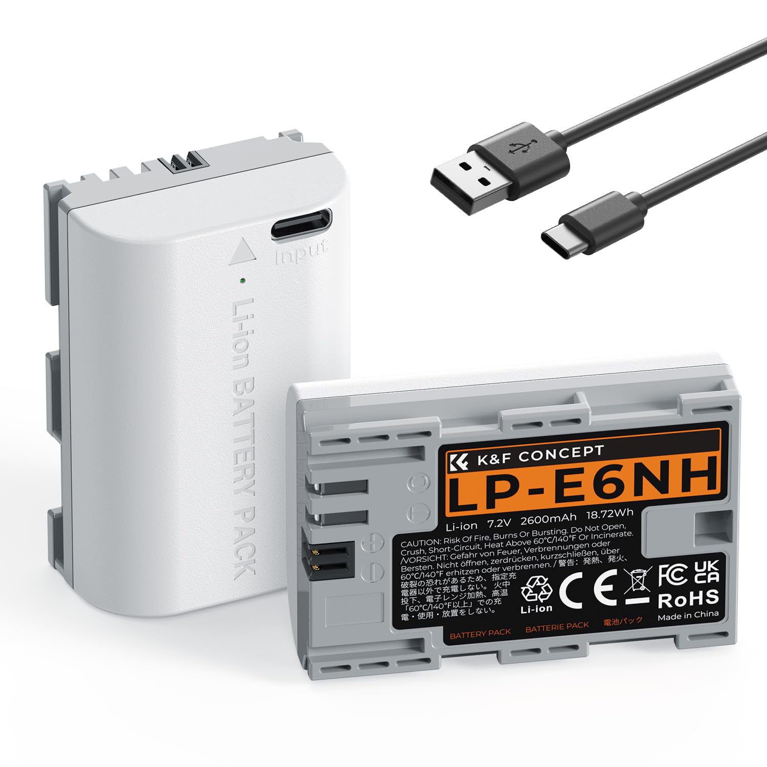 K&F CONCEPT LP-E6NH Batterie de rechange 2600 mAh compatible avec Canon EOS 90D/80D/70D/5D Mark II III IV/5DS SR/6D/6D Mark II/R5 R6 R6 II R7 (2 batteries)