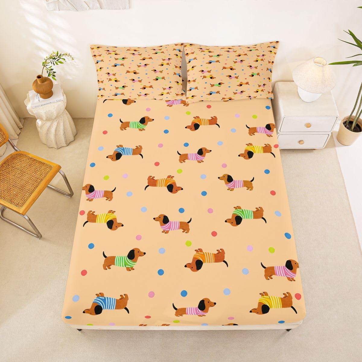 Manfei Sábana bajera ajustable de lunares tamaño King, juego de ropa de cama de perro kawaii de 3 piezas, sábanas de lunares lindos con 2 fundas de almohada, decoración de habitación de niños y niñas
