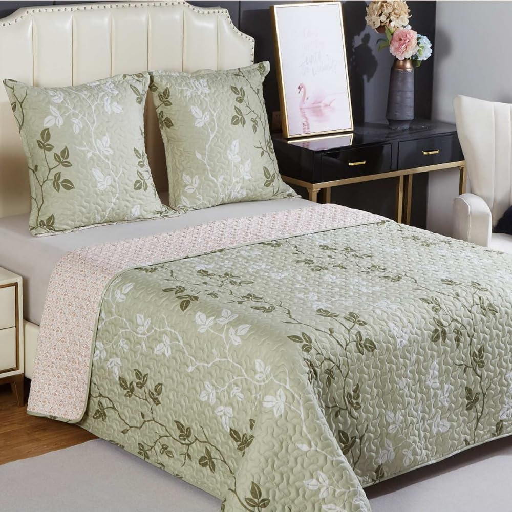 Couvre lit Champêtre Vert 220x240 - Boutis Microfibre Vert Sauge imprimé Feuilles grimpantes + 2 taies 65x65cm