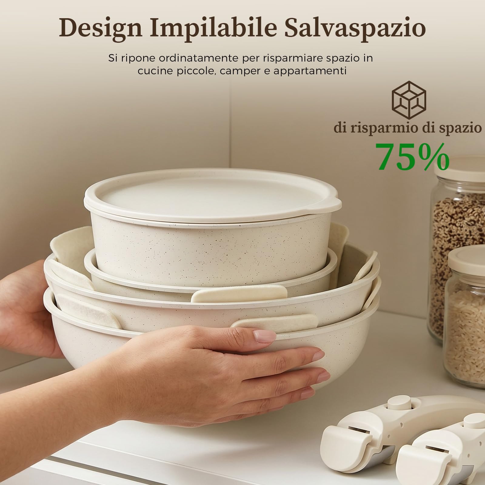 YASHE Pentole induzione 15 pezzi, atossiche, senza PTFE e PFAS | Tegame con Coperchio, Batteria da Cucina Antiaderenti in Granito, Salvaspazio Impilabile, Per Casa e Camper
