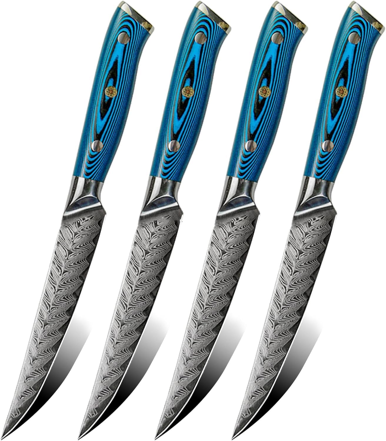 Damascus Steak Knives Set of 8 Damascus VG10 Steel Steak Knife Set, Sharp Non-Serrated Edge, 73 layers Damascus Steel - Ideal for Table Dinners and Fruit Pairing，Blue