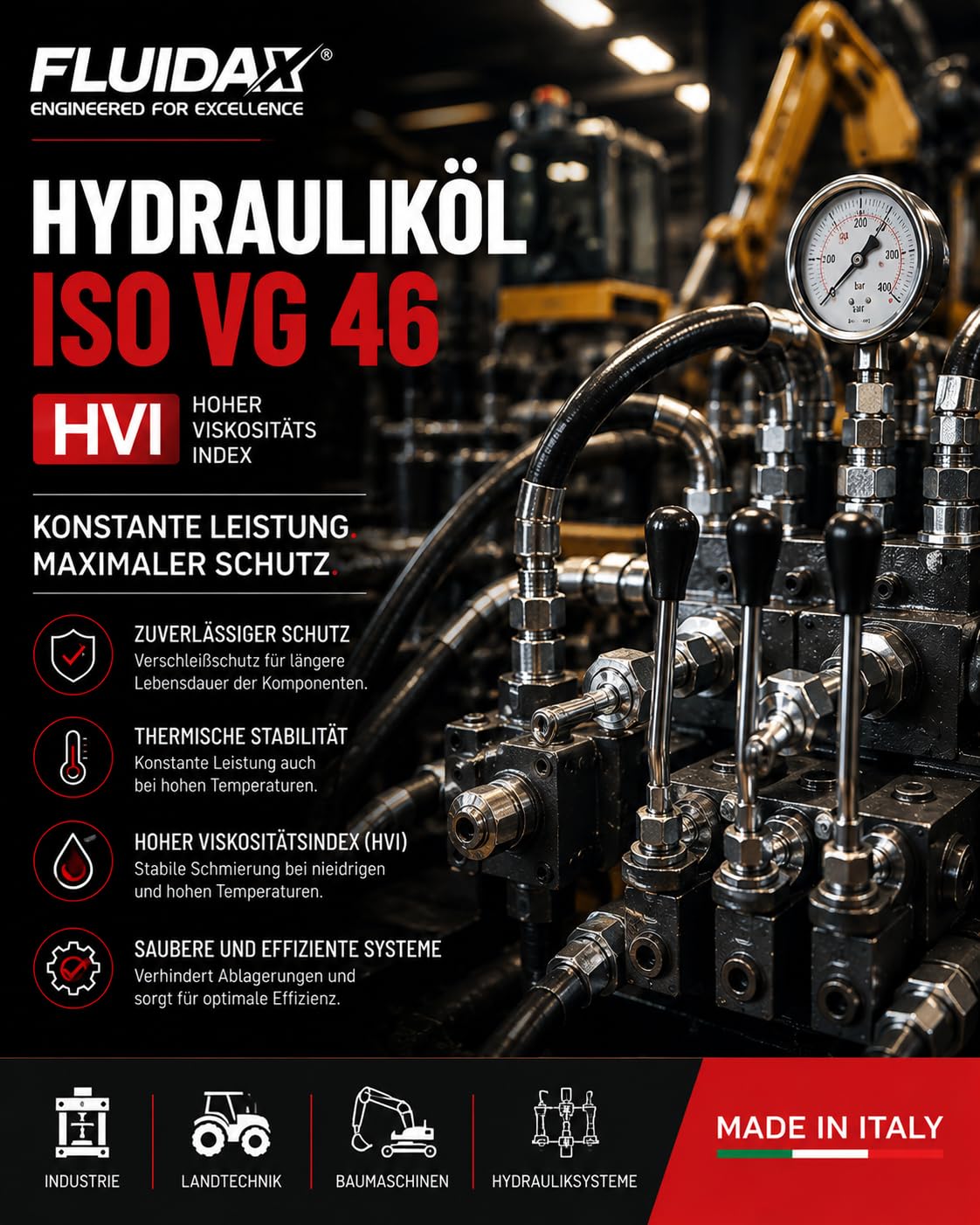Hydrauliköl ISO VG 46 HVI 5 Liter – Hochleistungs Hydrauliköl mit hohem Viskositätsindex, Verschleißschutz und hoher thermischer Stabilität – Für Hydrauliksysteme, Industrie- und Landmaschinen