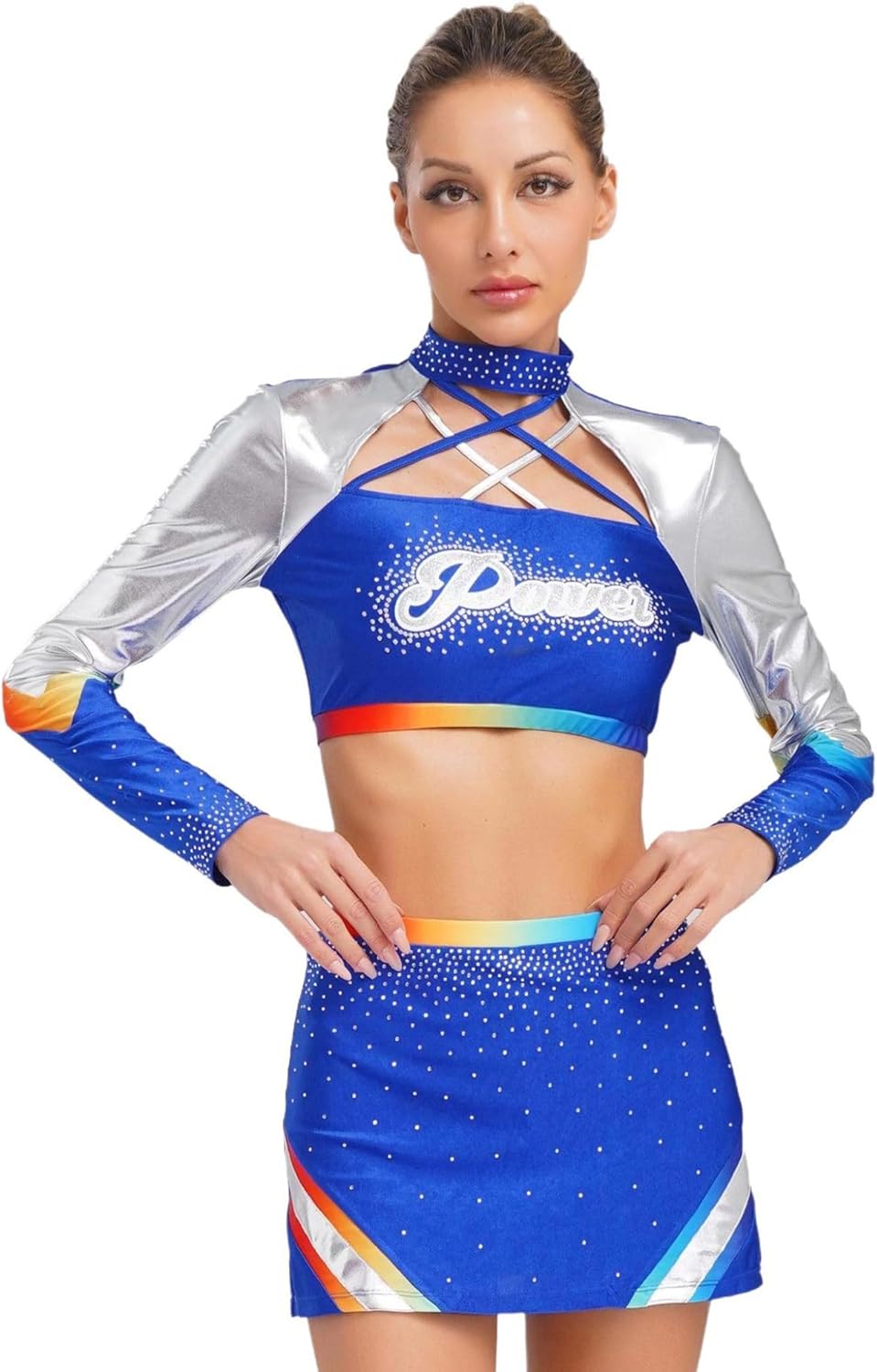 Sholeno Women Long Sleeves Cross Straps Crop Tops Cheerleading Uniform With Rhinestones For Adult