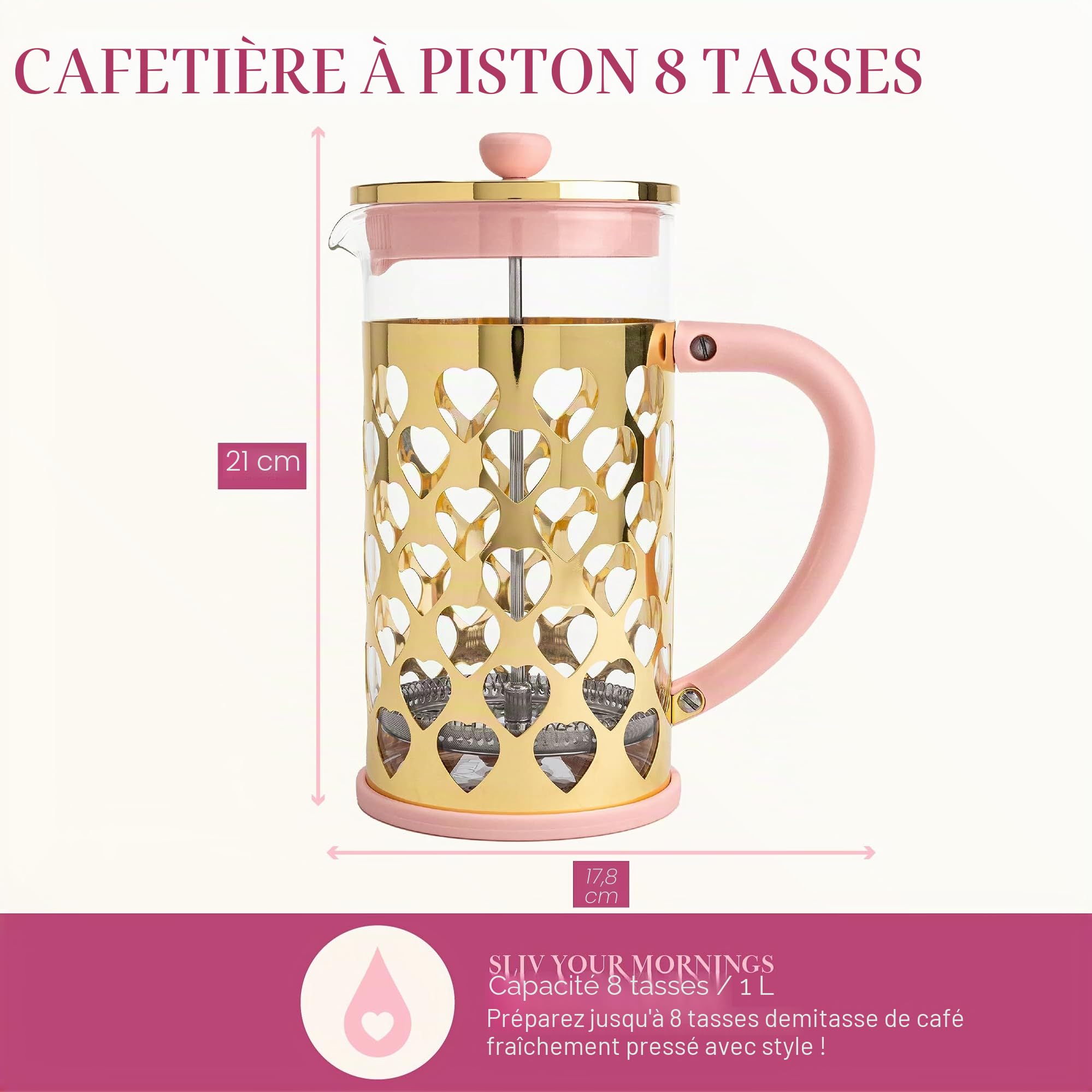 Paris Hilton Cafetière à piston française avec cuillère à mesurer en forme de cœur, lot de 2 pièces, 8 tasses ou 1000 ml, rose