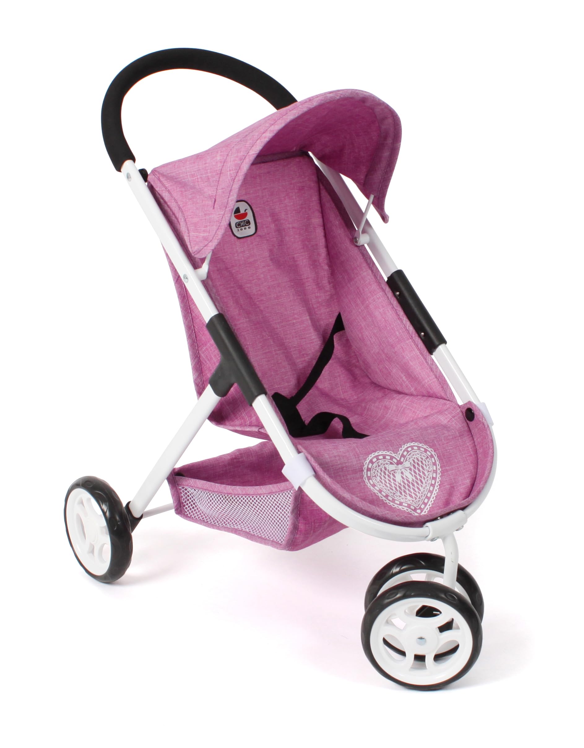 Bayer Chic 2000® Puppenbuggy Speedy – Jeans pink | 3-Rad Puppenbuggy mit Sonnenverdeck & Anschnallgurt. Feste Griffhöhe 58 cm. Leichtgängige Doppelräder & Gepäcknetz. 1,5 kg.