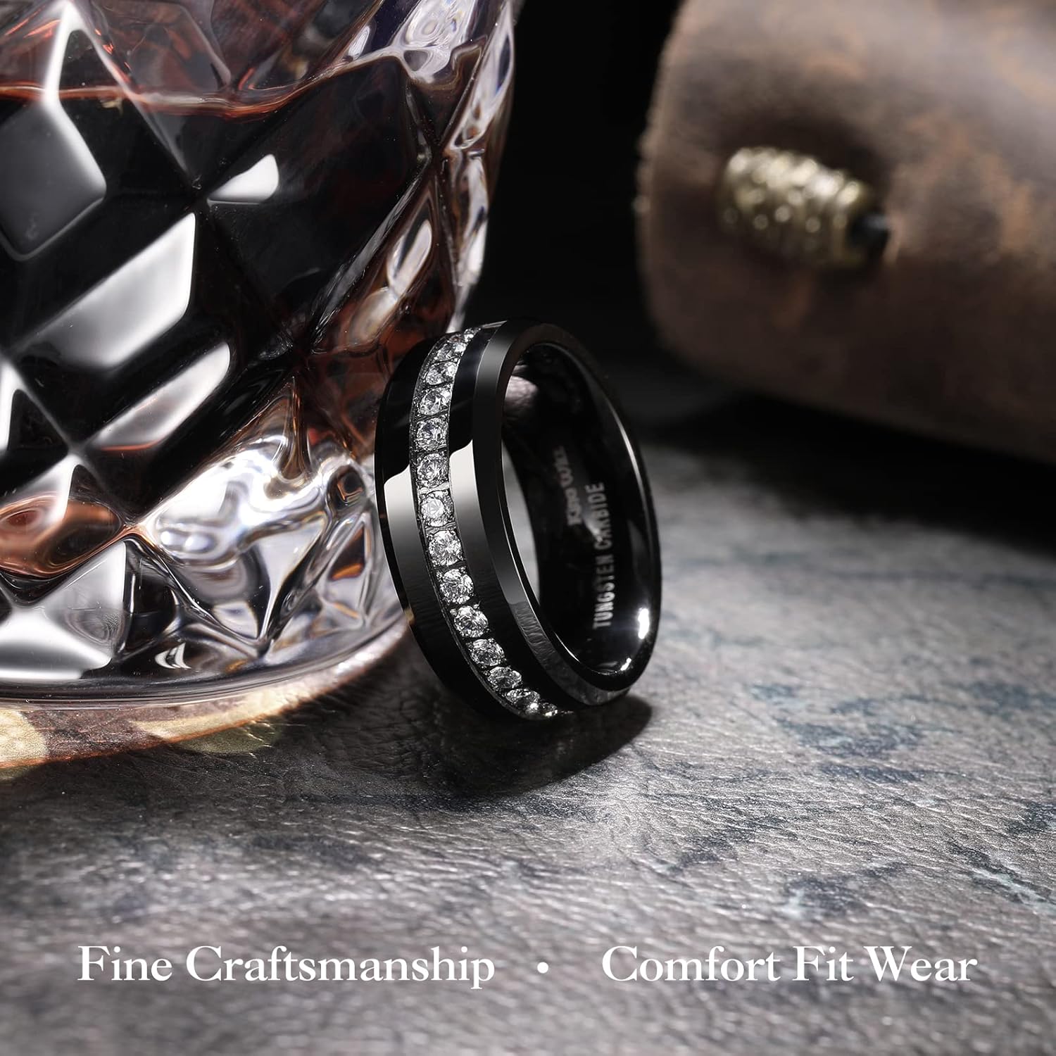 King Will Tungsten Carbide Wedding Band for Men - 8mm Black Plated High Polished Cubic Zircon Stones Comfort Fit Mens Ring for Wedding,Engagement and Anniversary - Image 3