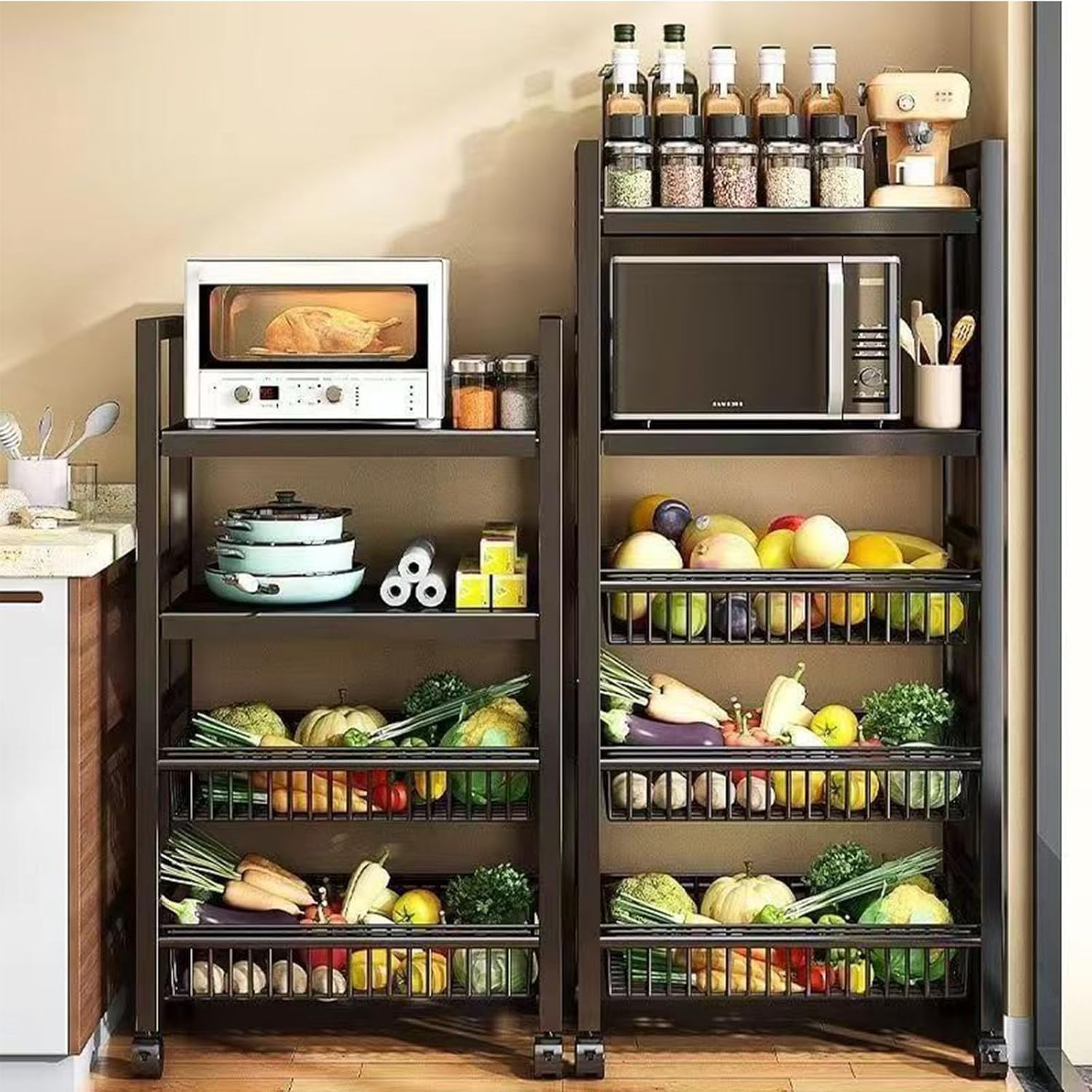 Un rack di stoccaggio in metallo robusto e durevole con 4 strati e 4 cesti a maglia, dotato di rulli e altezza regolabile di 5 centimetri, adatto per garage e cucine (nero, 32x12.6x53in/80x32x135cm)
