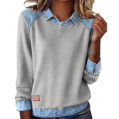 Denim Collar Sweater for Women Long Sleeve Knit Tops, Womens