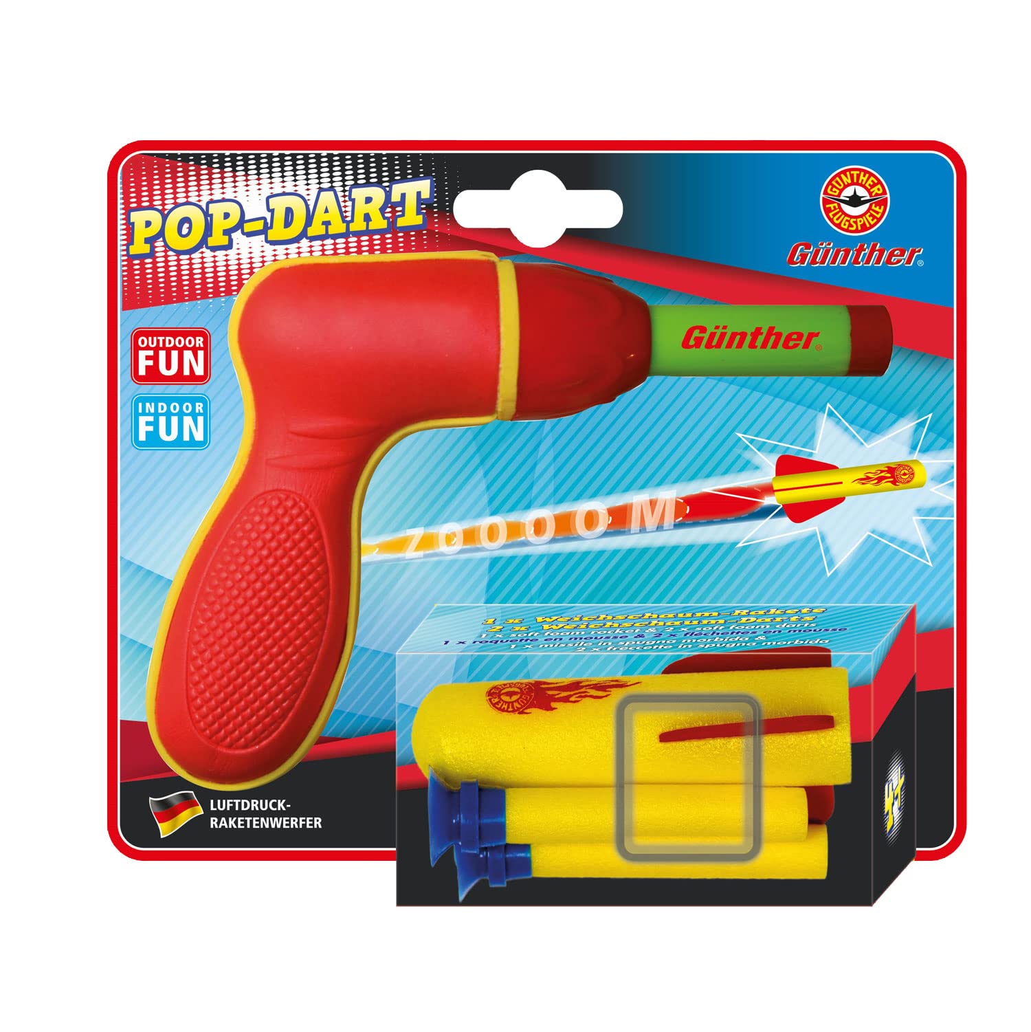 GÜNTHER FLUGSPIELE 1542 - Gioco di razzi Pop Darts, lanciarazzi ad aria compressa per bambini a partire da 4 anni, incl. 1 razzo in schiuma morbida e 2 dardi in schiuma morbida