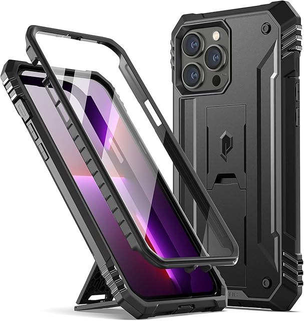 Poetic Revolution Series Case Compatible with iPhone 13 Pro Max 6.7 inch (2021 Release), Full-Body Rugged Shockproof Heavy Duty Protective Cover with Kickstand and Built-in Screen Protector, Black