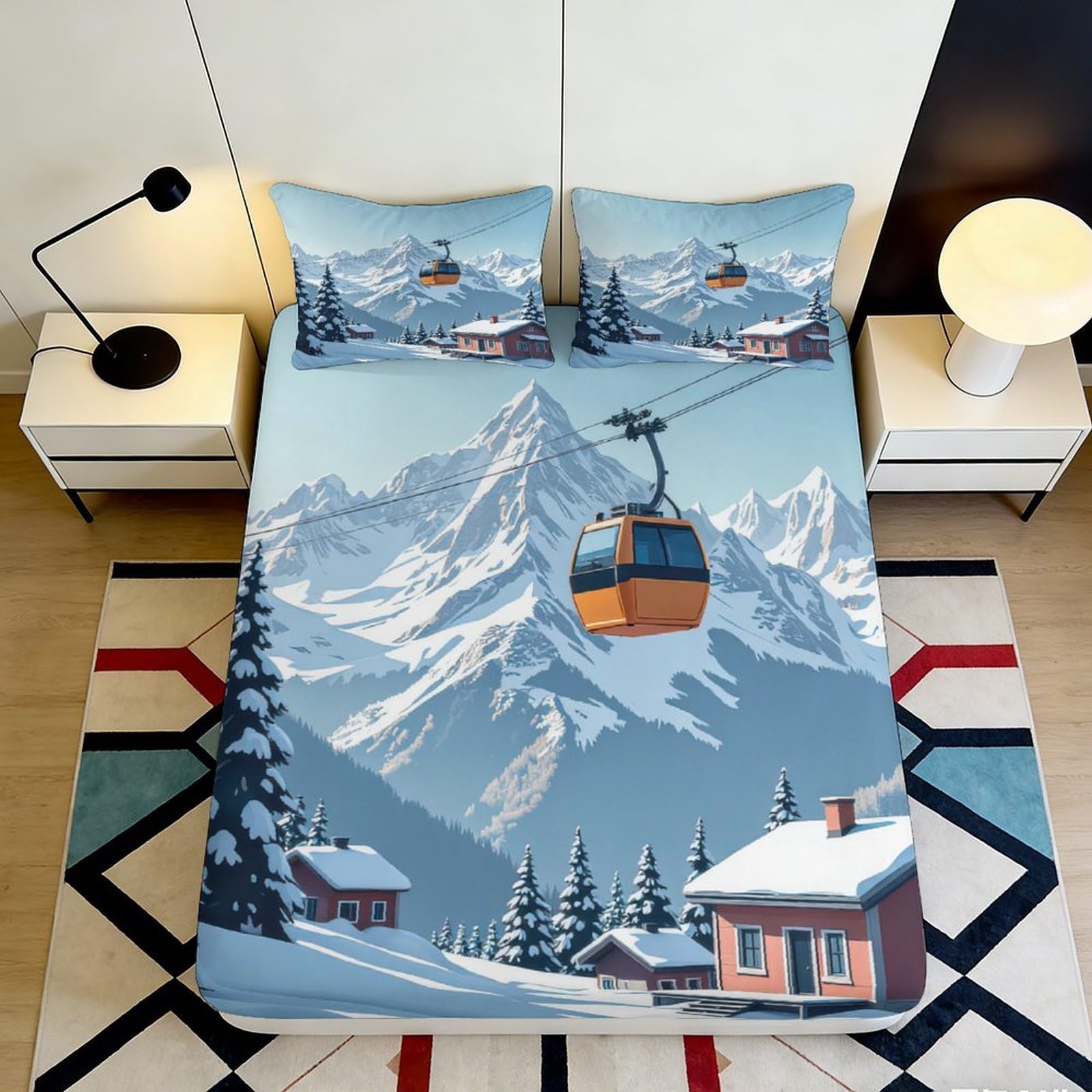 3D Printed Mountain Cable Car Fitted Sheet Microfiber Soft Breathable Snow Village Mattress Cover Decor 140x200x25cm