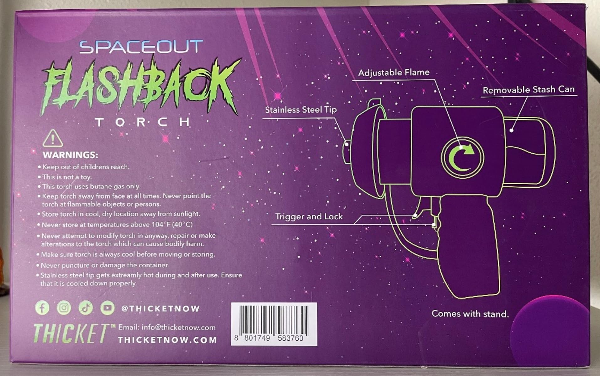 THiCket Flashback Torch - Briquet au butane avec flamme réglable - Verrouillage de sécurité - Support de lampe - Étui de rangement intégré - Rechargeable - Coupe-vent - Pointe en acier inoxydable