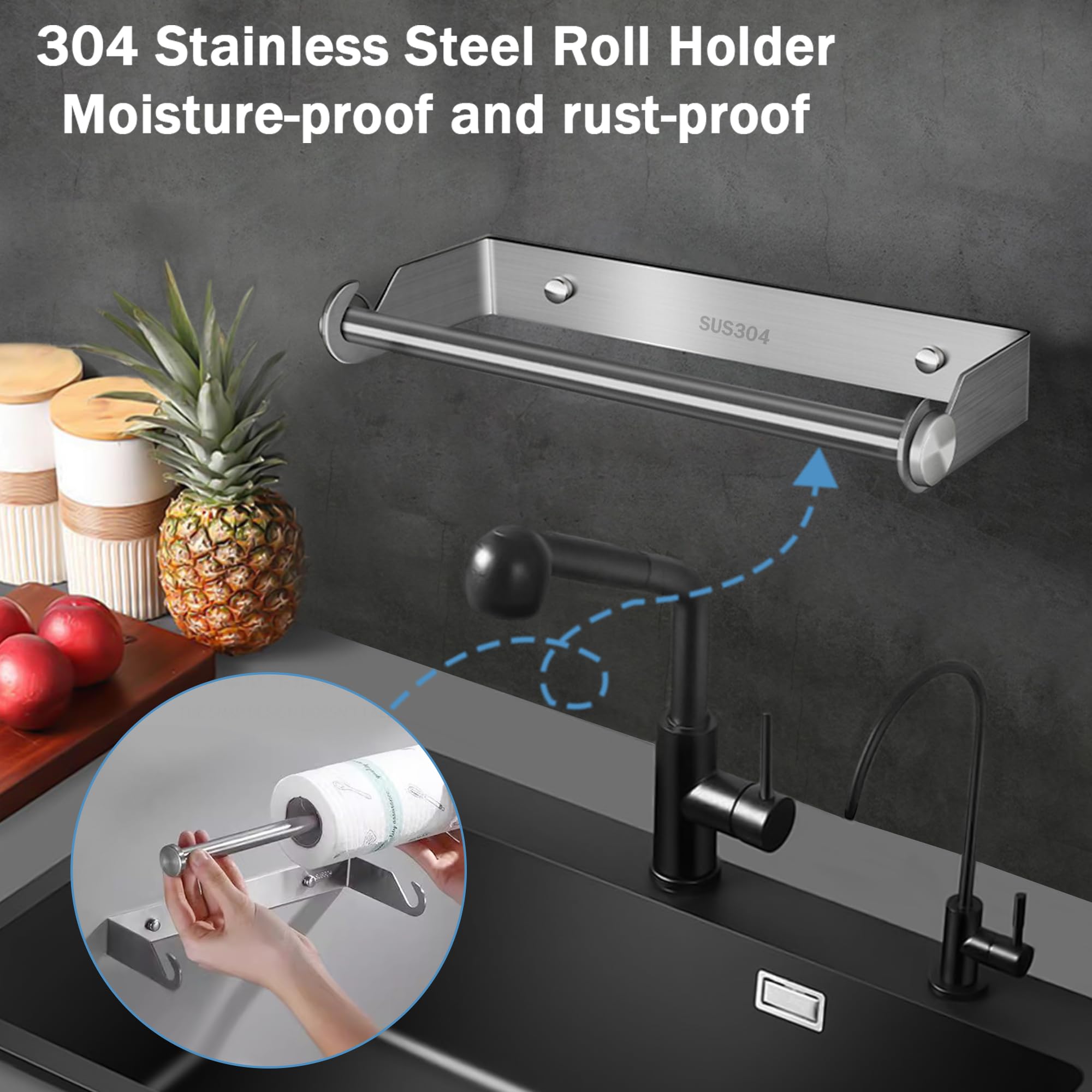 Portarrollos Cocina Papel Pared en Acero Inoxidable, Porta Rollos de Papel Higienico, Soporte para Colgador Papel Cocina y Baño para Guardar Film plástico o Toallas- Plateado, 28CM