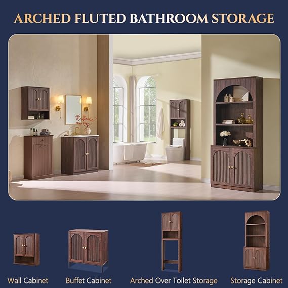 Bathroom Fluted Arched Wall Cabinet, 23.6''W Wood Medicine Cabinet,Brown