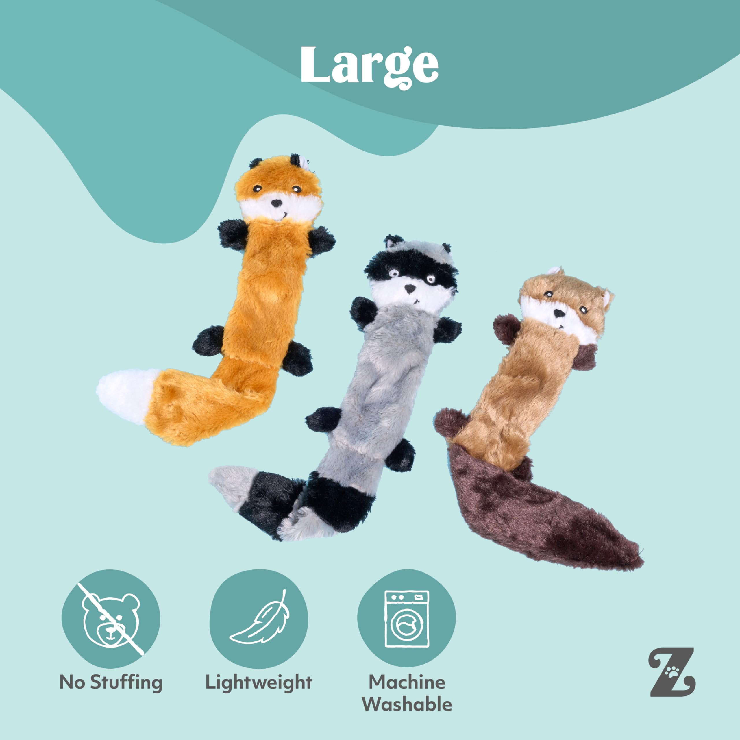 ZippyPaws - Skinny Peltz No Stuffing piszcząca pluszowa zabawka dla psa, lis, szop i wiewiórka - L