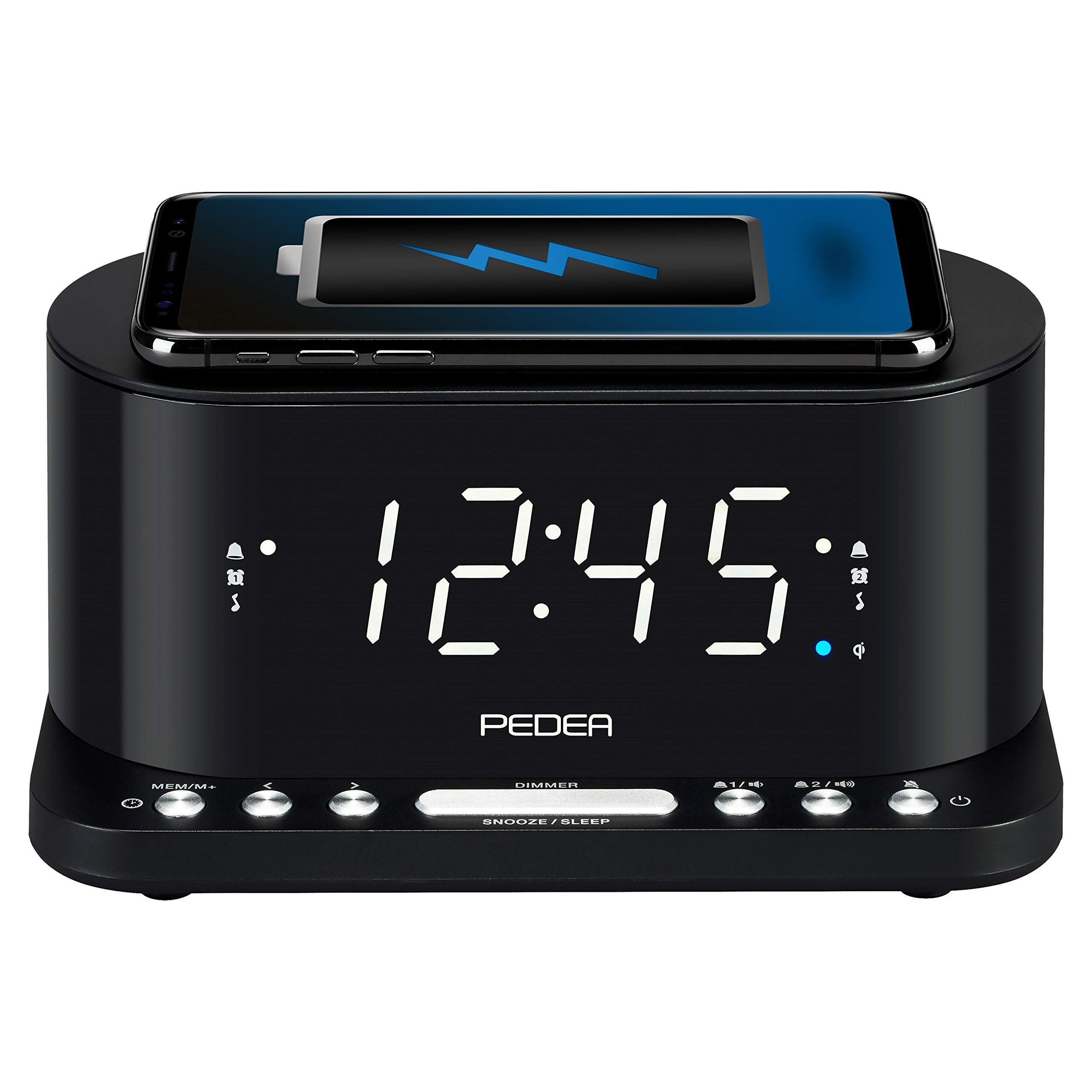 PEDEA FM Radiowecker mit induktiver QI-Ladefunktion und dimmbarem Display, Snooze, Dual Alarm und Sleep-Timer, schwarz
