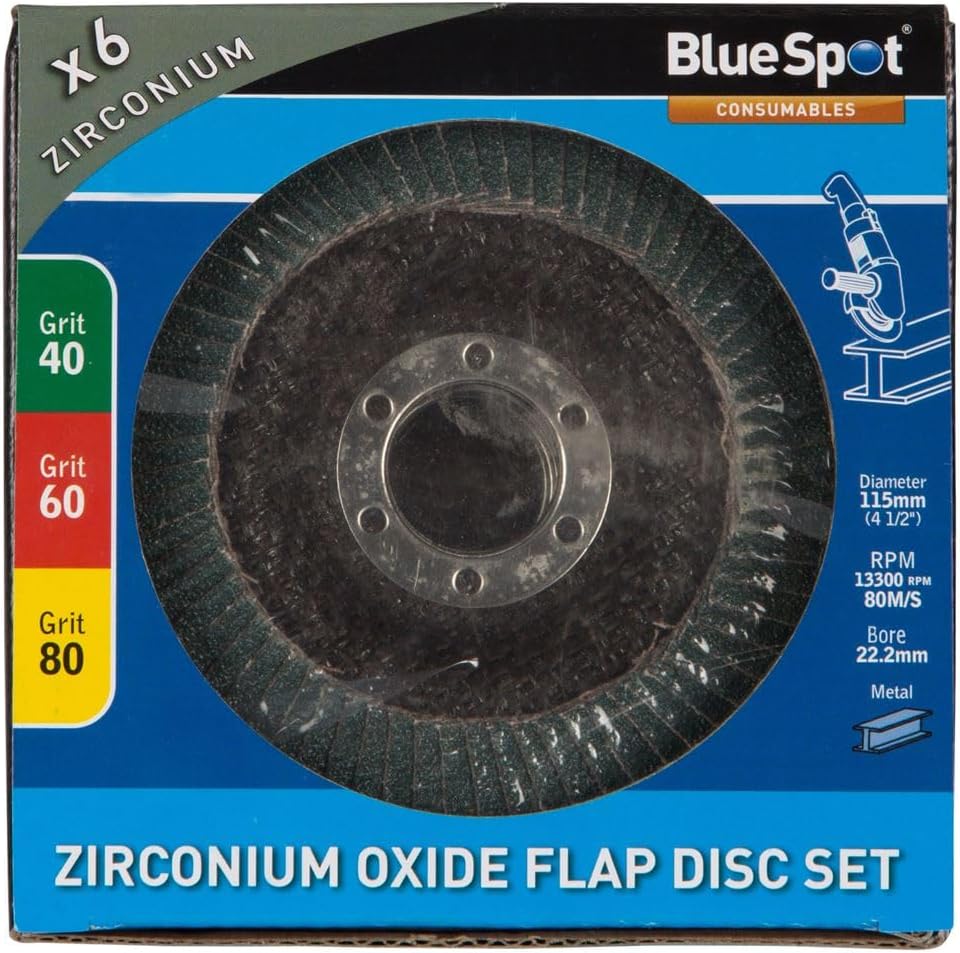 Blue Spot 19689 2 x 40/2 x 60/2 x 80 Grit Zirconium Flap Discs - Black (6-Piece)
