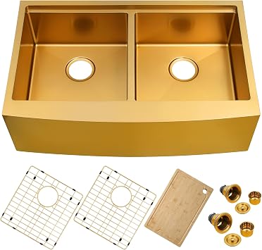 33 Inch Gold Farmhouse Sink Undermount Double Bowl, 16 Gauge 50/50 Stainless Steel Apron Front Workstation Far Sink, 33"x20"x10" Large and Deep Kitchen Sink With Accessories