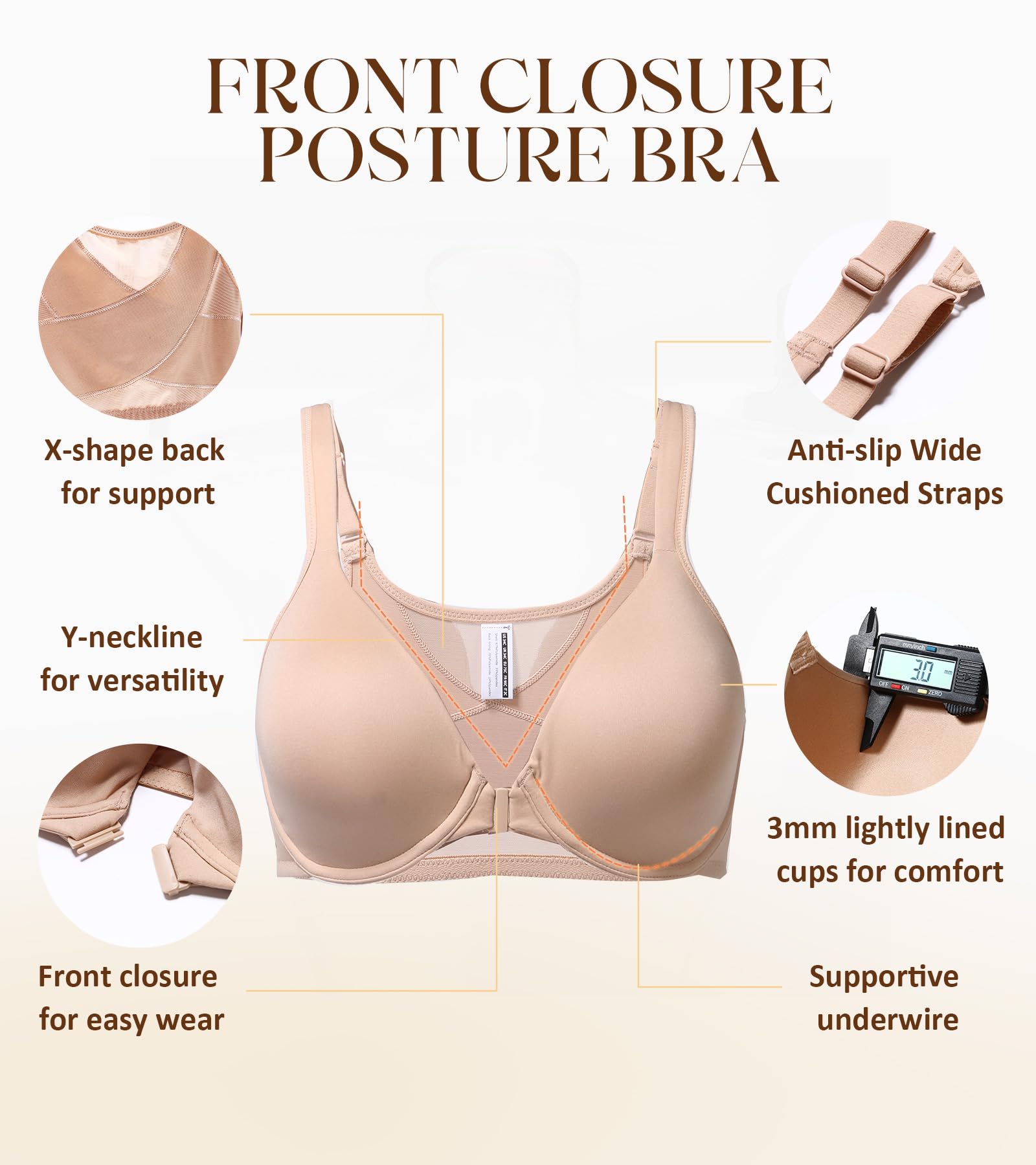 Lemorosy Soutien-Gorge Femme Classique Fermeture Devant à Armature Bonnet Complet Col en V Confortable