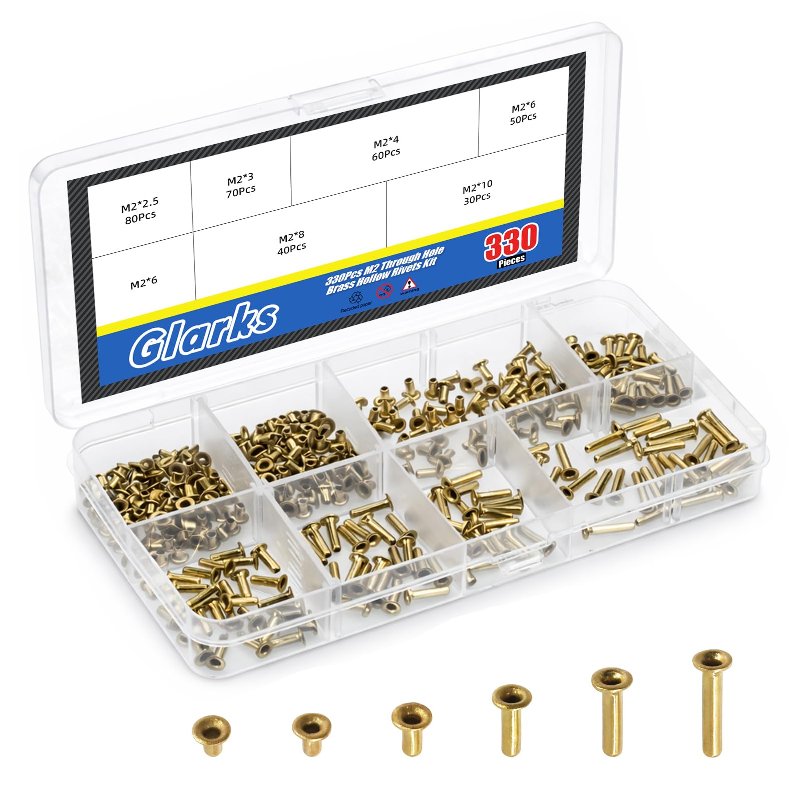 Glarks 330pcs M2 x 2.5/3/4/6/8/10mm Through Hole Copper Rivet Kit, Heavy Duty Hollow Rivet, Copper Air Eye Rivets, Brass Eyelets Rivets, Hollow Grommets Rivets for DIY Crafts, Leather, Clothes — image 1