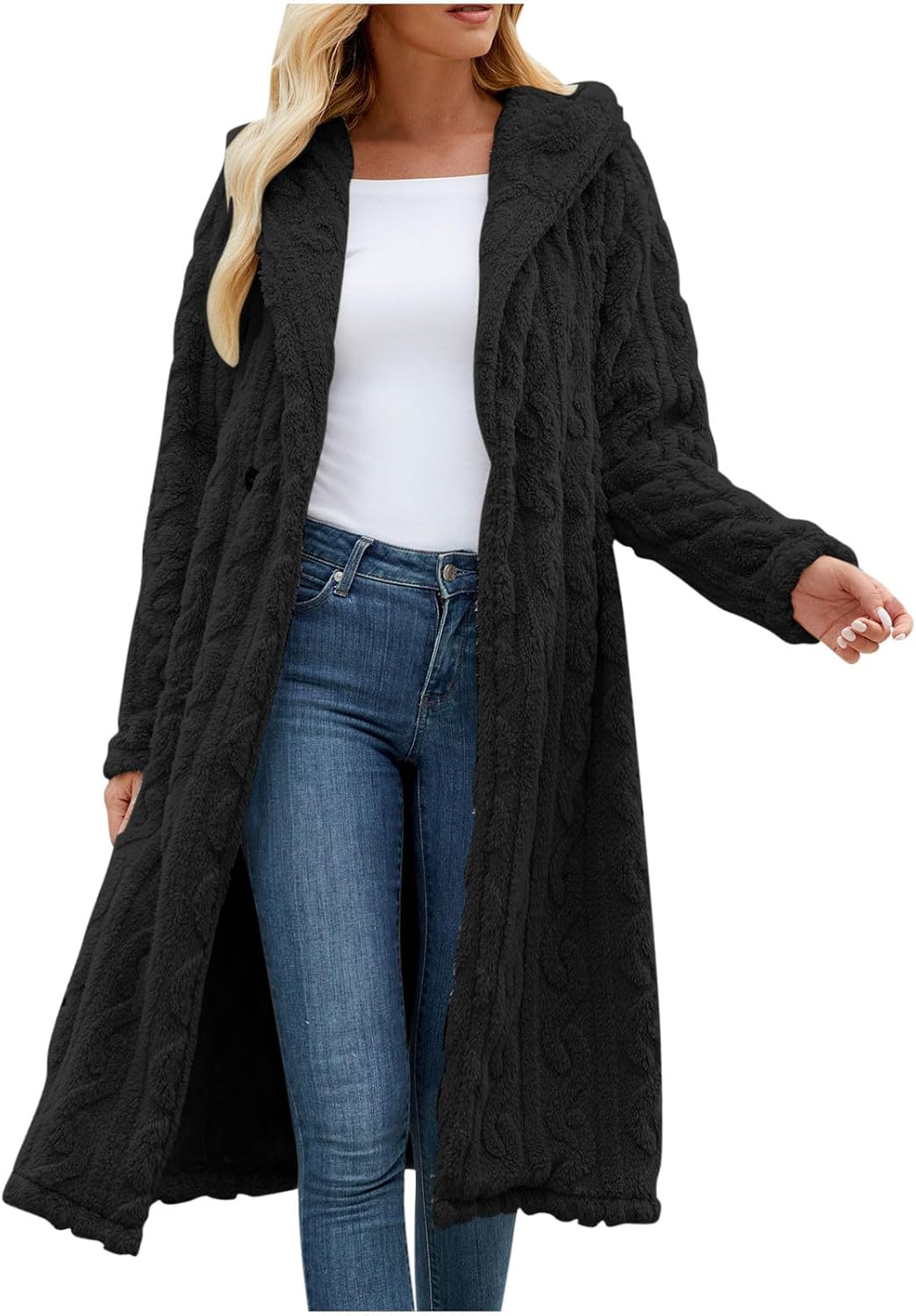 HGps8w Women's Long Hooded Fuzzy Fleece Jacket Warm Sherpa Coats Faux Fur Plush Winter Outerwear with Pockets