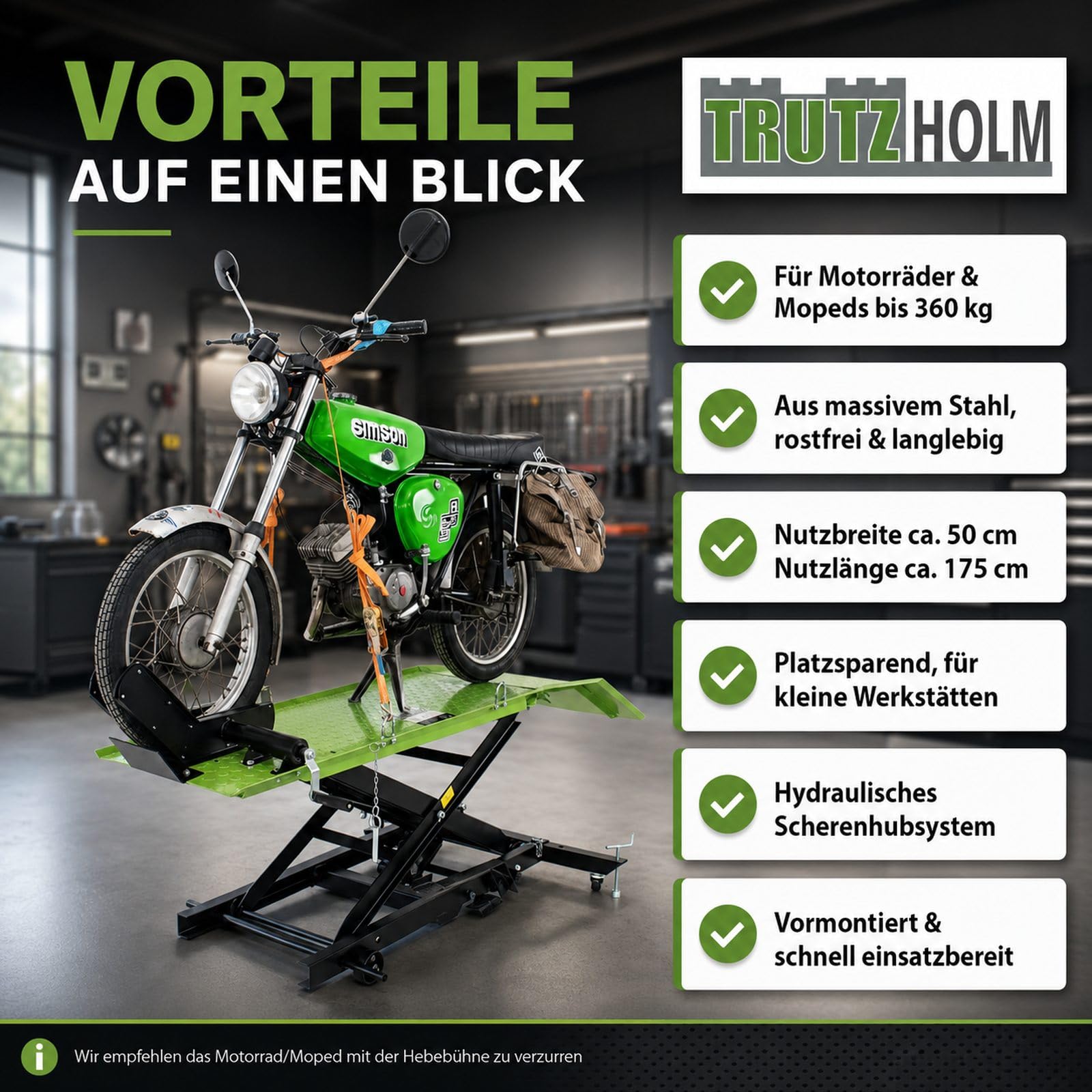 TRUTZHOLM Motorradhebebühne hydraulisch Tragkraft 360 kg kleiner Motorradheber Hubbereich 18-83 cm Nutzbreite 50 cm abnehmbare Auffahrrampe 4 Halteösen 45° Vorderradklemmung Scherenheber Moped in grün
