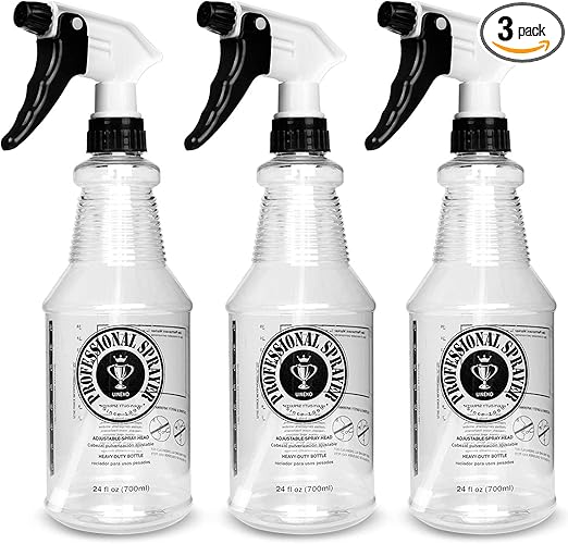Plastic Spray Bottle (24oz 3 Pack) for Cleaning Solutions, Car Detailing Care, Planting, Pet, Clear Finish, Heavy Duty Empty Spraying Bottles Mist Water Sprayer with Measurements & Adjustable Nozzle
