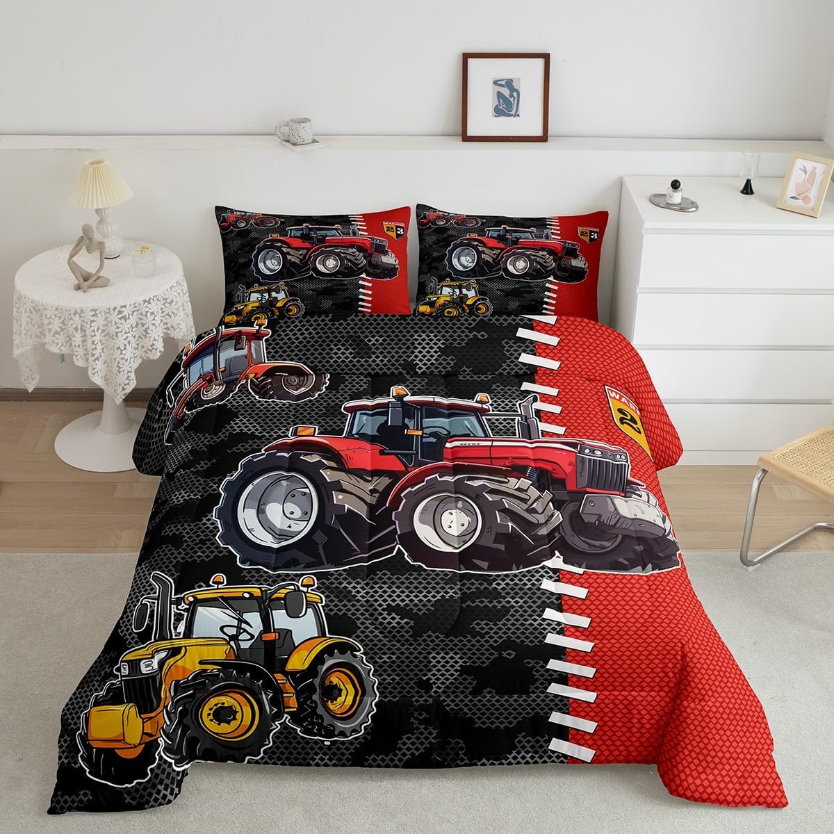Cartoon Tractor Kids Comforter Set,Yellow Red Construction Vehicle Bedding Sets for Boys Teens Adults,Red Plaid Gray Black Camo Comforter Duvet Set with 1 Pillowcase Twin Size 2 Pcs