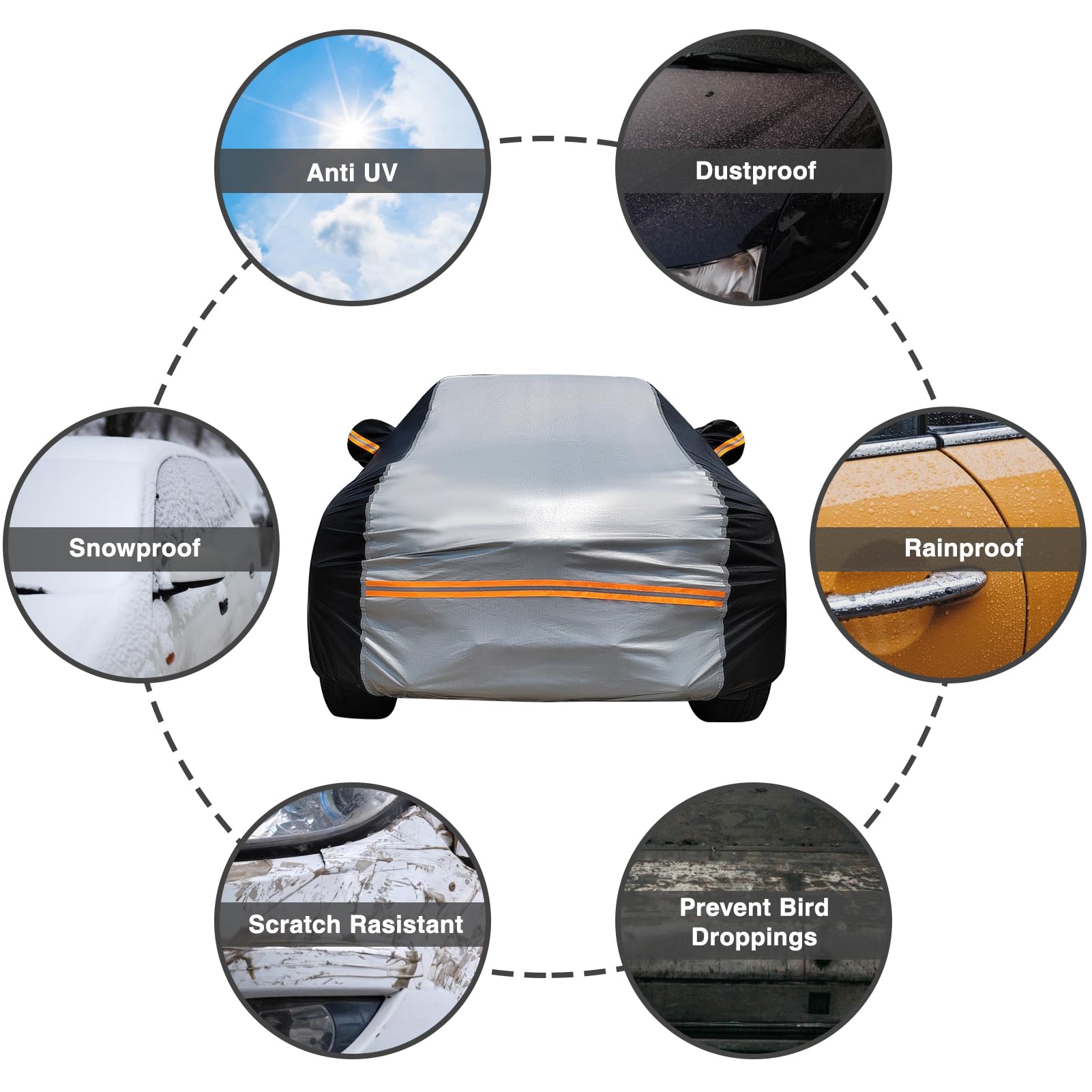 Telo copriauto a 6 strati, impermeabile, per tutte le condizioni atmosferiche, copertura esterna completa da pioggia, sole, raggi UV, neve, con cerniera, in cotone, tasca per specchietto per SUV