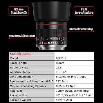 EF 85mm f1.8 Portrait Lens - MF for Canon EOS Rebel T8i/T7i/T7/T6i/T5/T3i/T3/T2i/XSi/XS/SL3/SL2/T100/90D/80D/70D/50D/5D Mark IV/6D II/7D II/1D X III II-Manual Focus DSLR Cameras Lenses(EF/EF-S Mount)