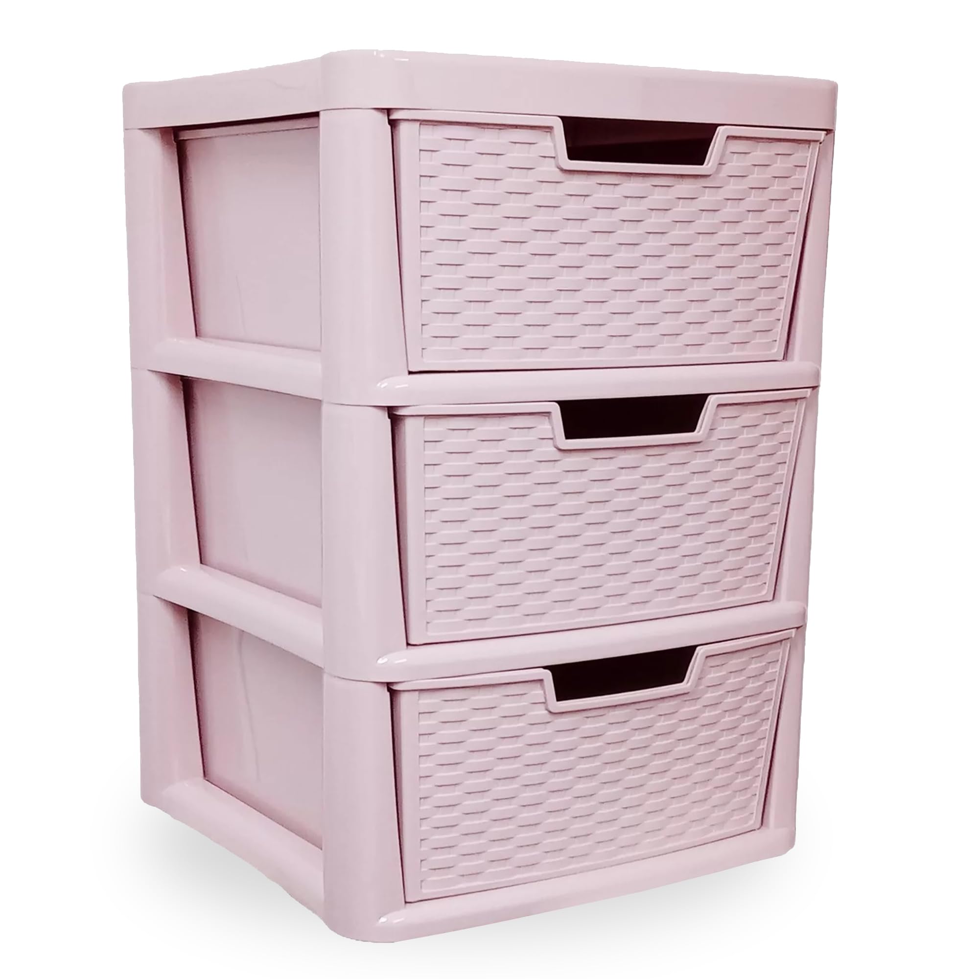ALEEZ - 3 Drawer Storage Unit Pink - Office Home Space Saving Drawer - Plastic Storage Unit 3 Tier - Strong Rattan Design Drawer, Durable Tower Storage Unit - H 62 x W 39 x D 39 cm