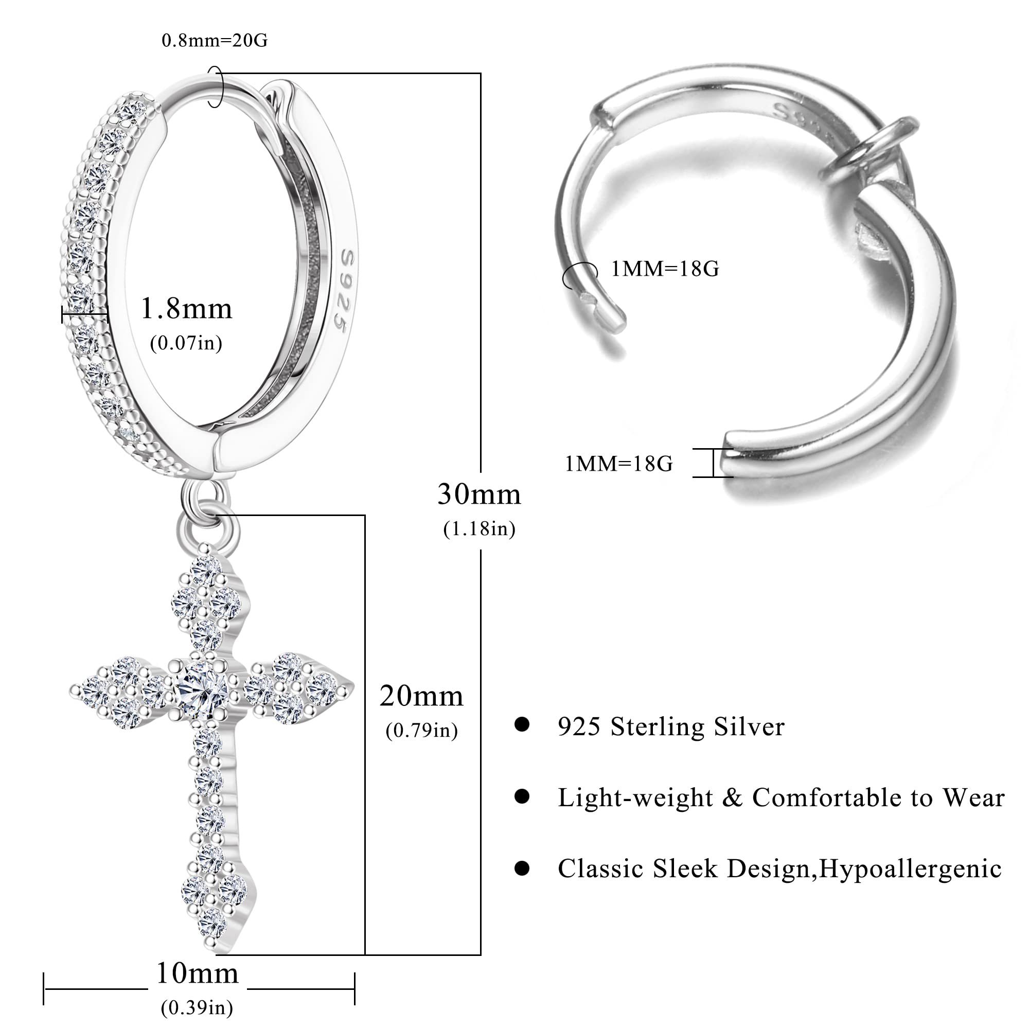 KRFY Argent 925 Boucles D'oreilles Forme de Croix pour Femme Homme Boucles D'oreilles Forme de Croix en CZ Légères de Huggie Boucles d'oreilles 18 K Or Argent