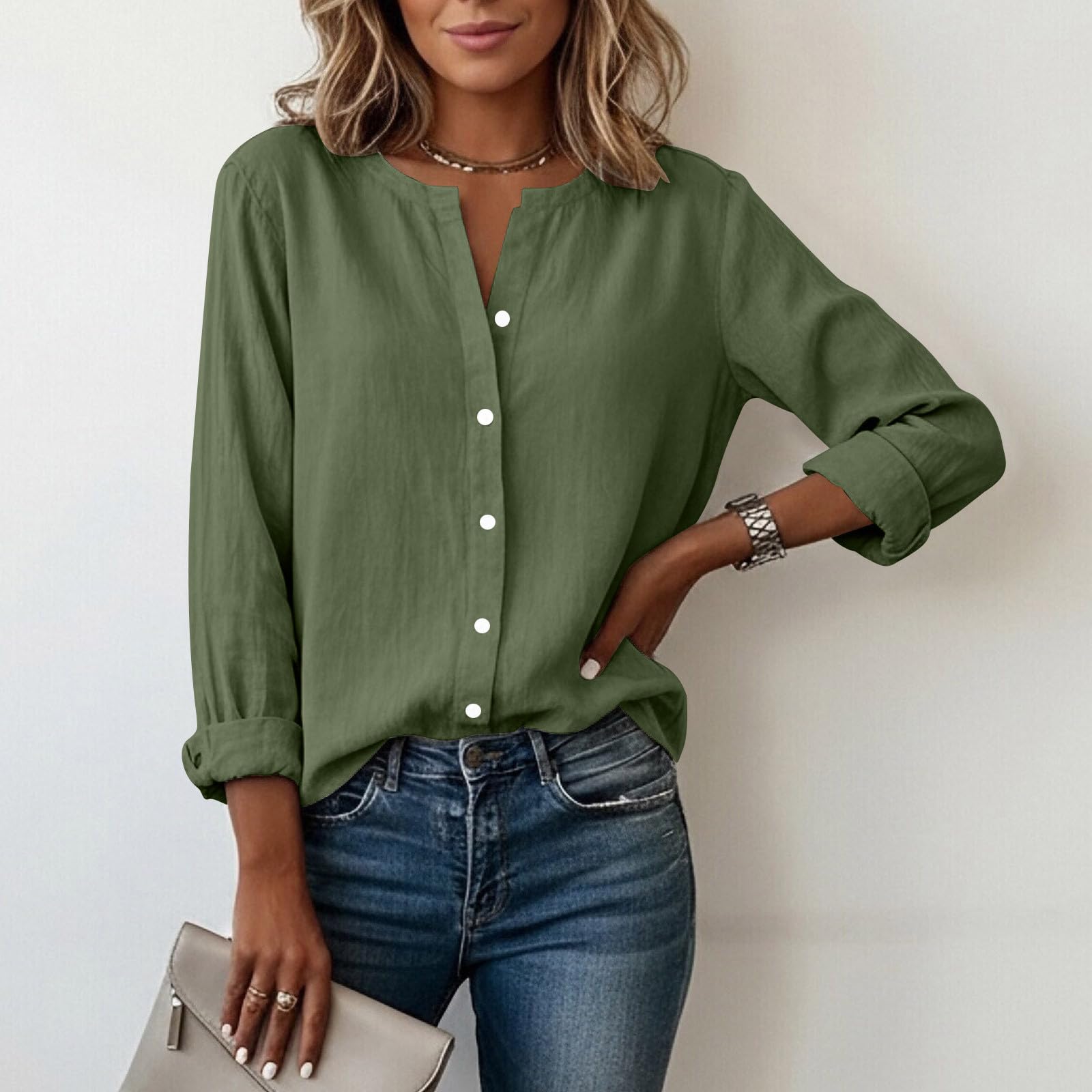 Chemise Femme Coton et Lin Manches Longues Col en V Boutonnée Couleur Unie - Chemisier Décontracté Chic Élégant Respirant Été - Blouse Femme Grande Taille pour Travail Quotidien