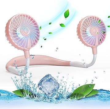 VAGAU Portable Neck Fan with Colorful LED Lights, 360 Rotation, Wearable Air Conditioner for Office Travel Sport, 3 Adjustable Speeds Pink
