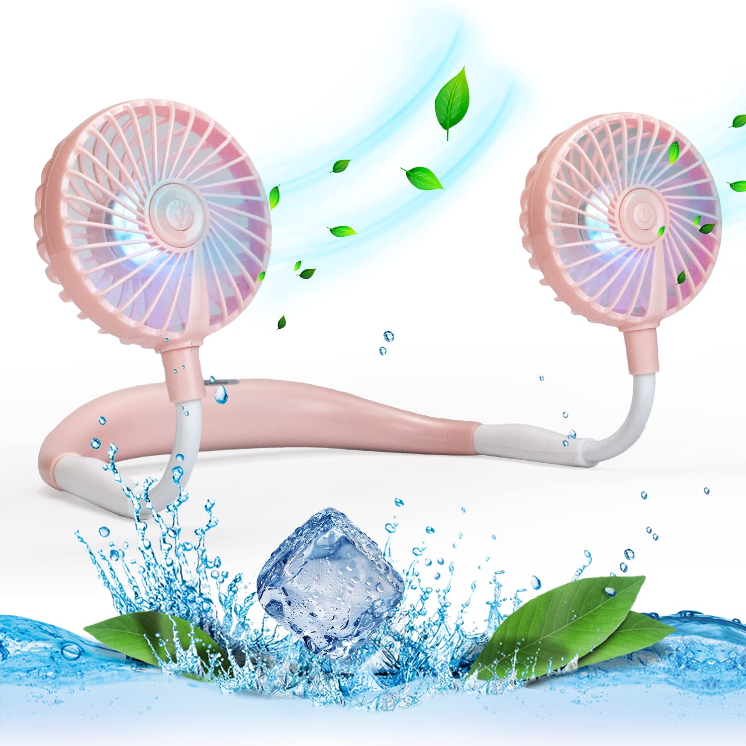 Climatiseur de cou portable rotatif à 360° doté de lumières colorées LED rose