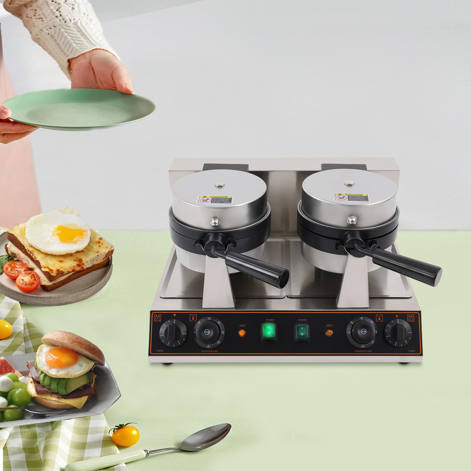 Commercial UFO Burger Maker Machine, 2.4KW Electric Dual Head Burger Waffle Cone Maker, 180° Rotating Ice Cream Sandwich Maker w/Non-stick Baking Tray for Household Or Commercial (Dual Head)