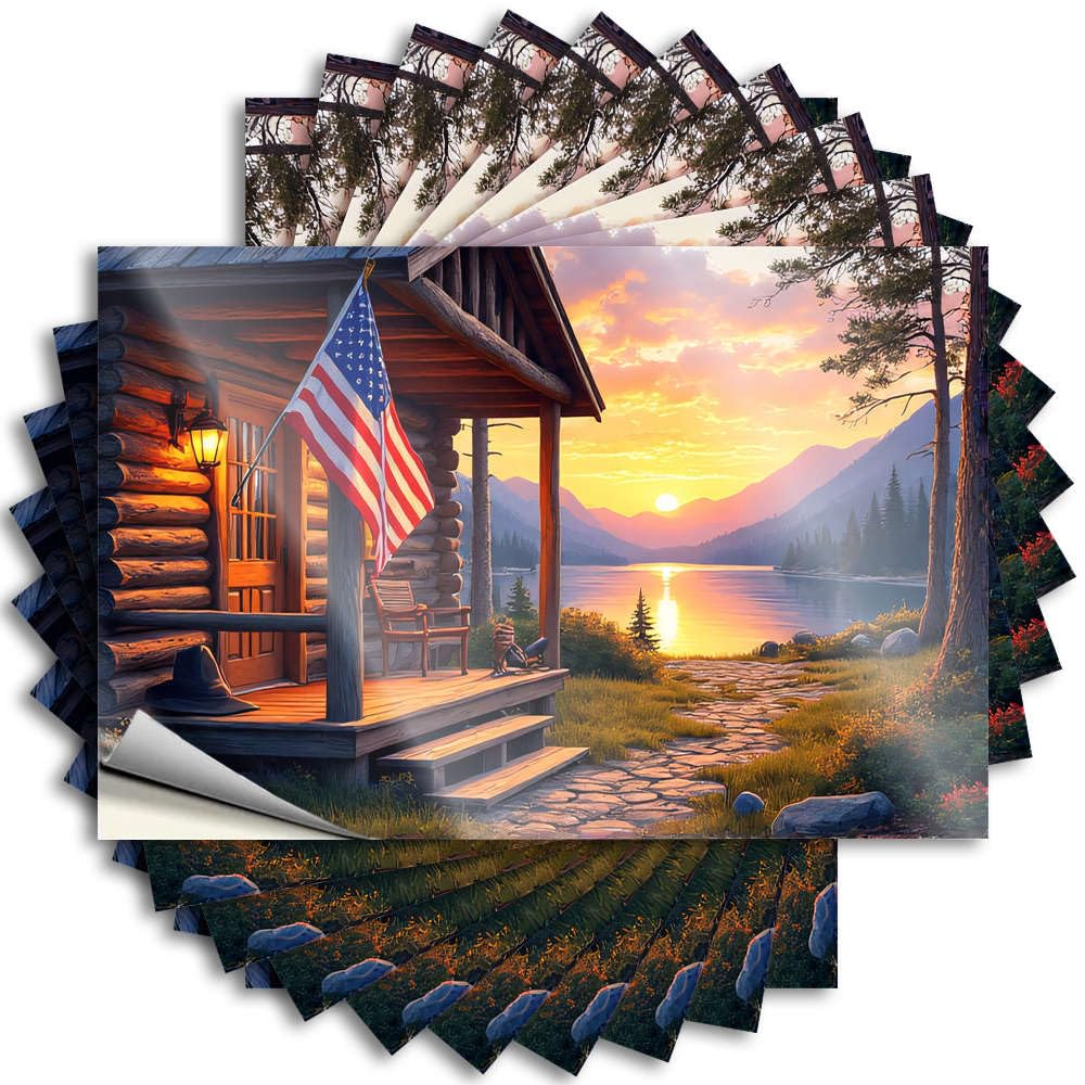 Decals Beauty Room Decor Waterproof Vinyl Sticker | Log Cabin By The Lake At Sunset Aesthetic Bottle for Diatomaceous DIY Projects(12X18CM)