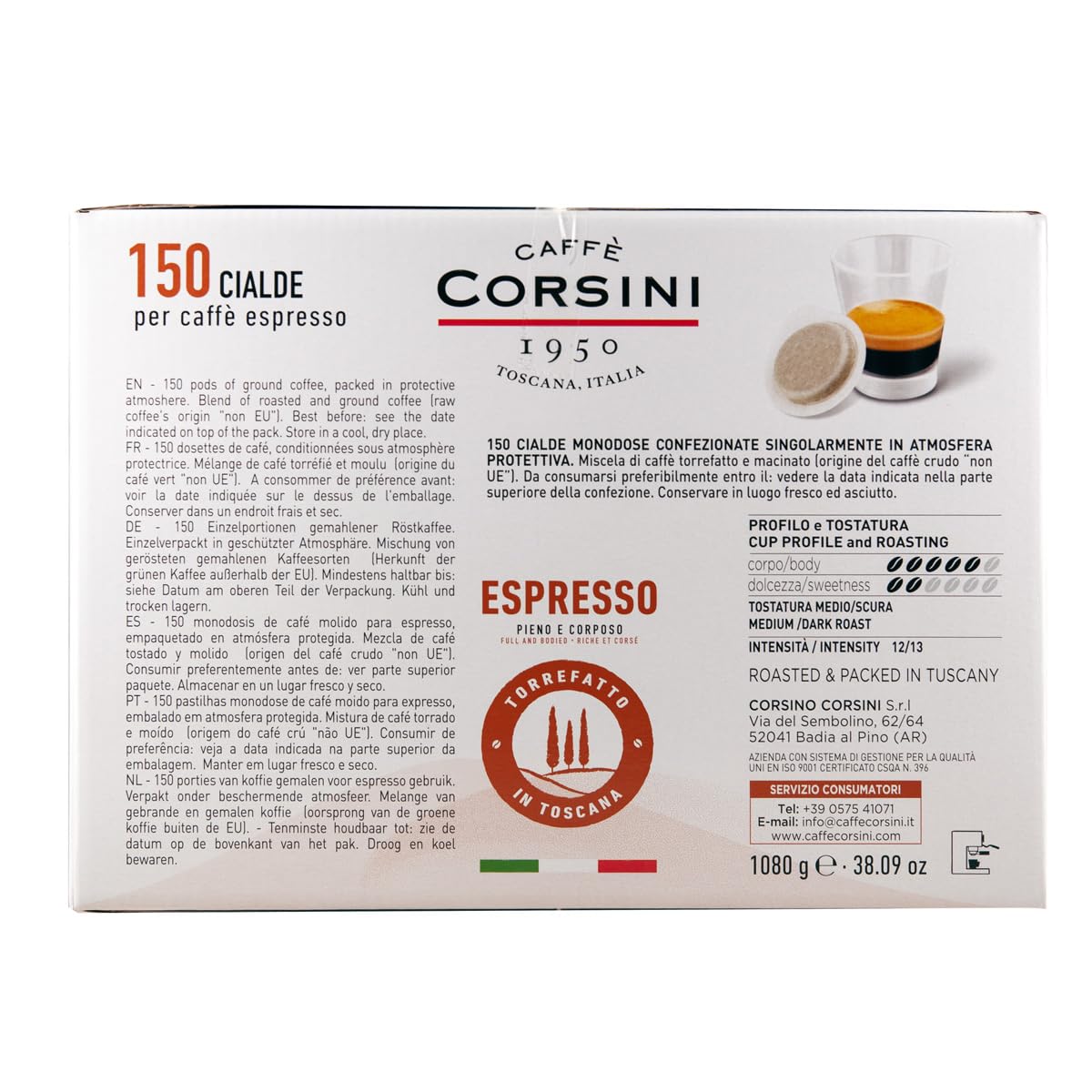 Caffè Corsini - Cialde Ese Caffè Espresso, 100% Compostabili, Gusto Forte e Intenso, Confezione da 150 pezzi